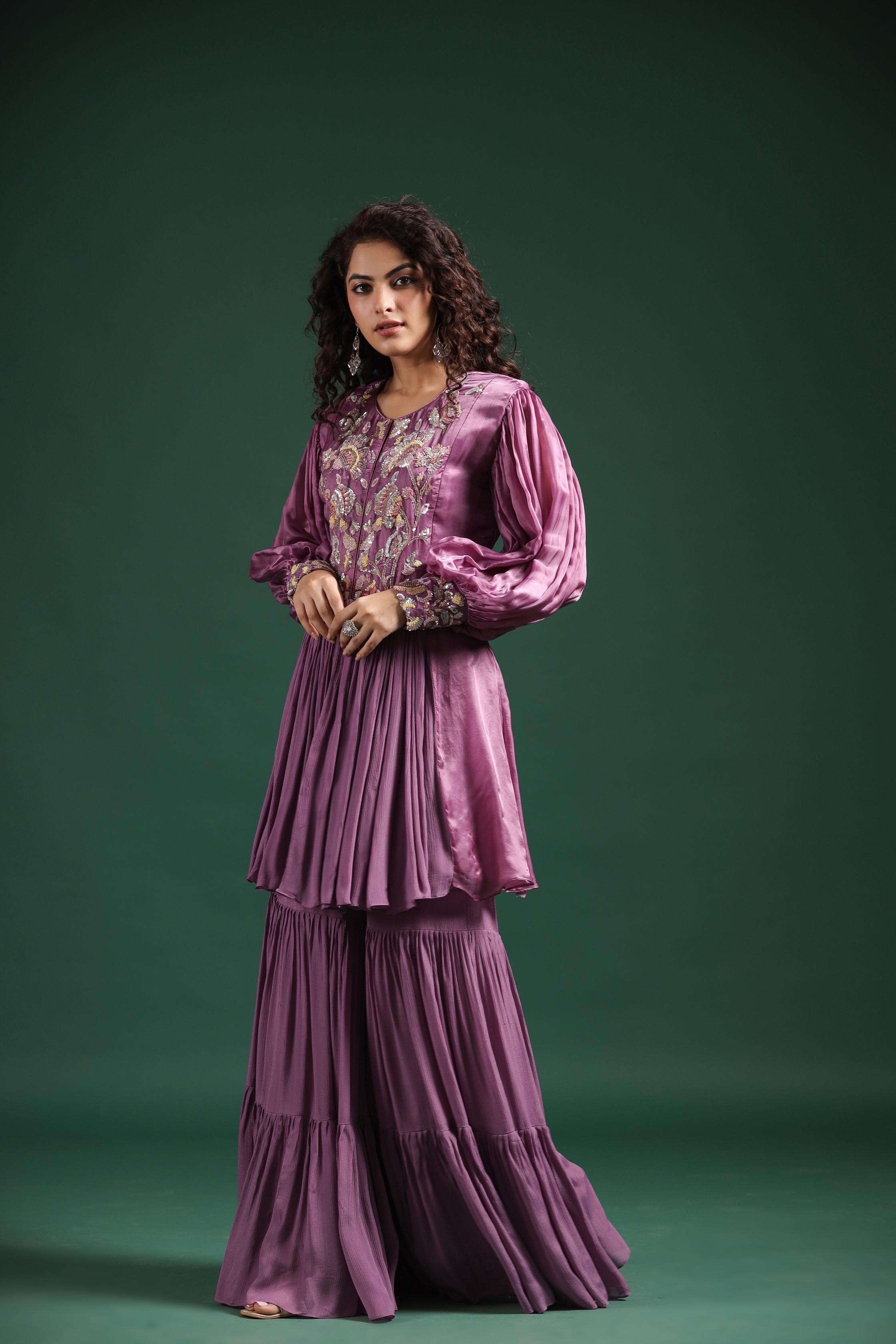 Mulberry Pink Embellished Premium Silk Sharara Set