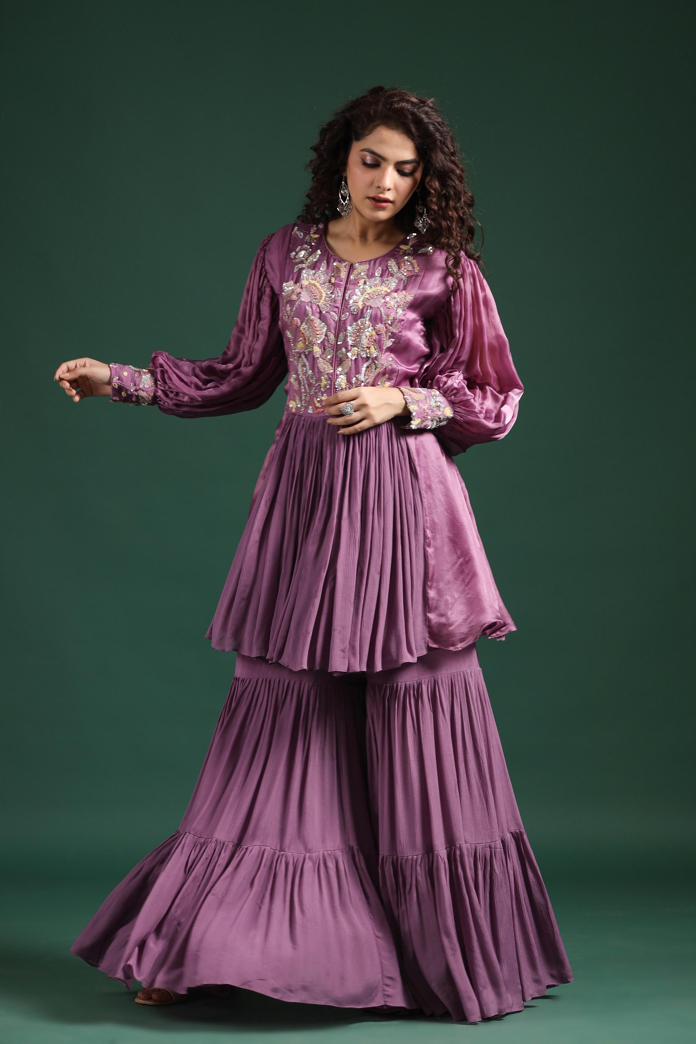 Mulberry Pink Embellished Premium Silk Sharara Set