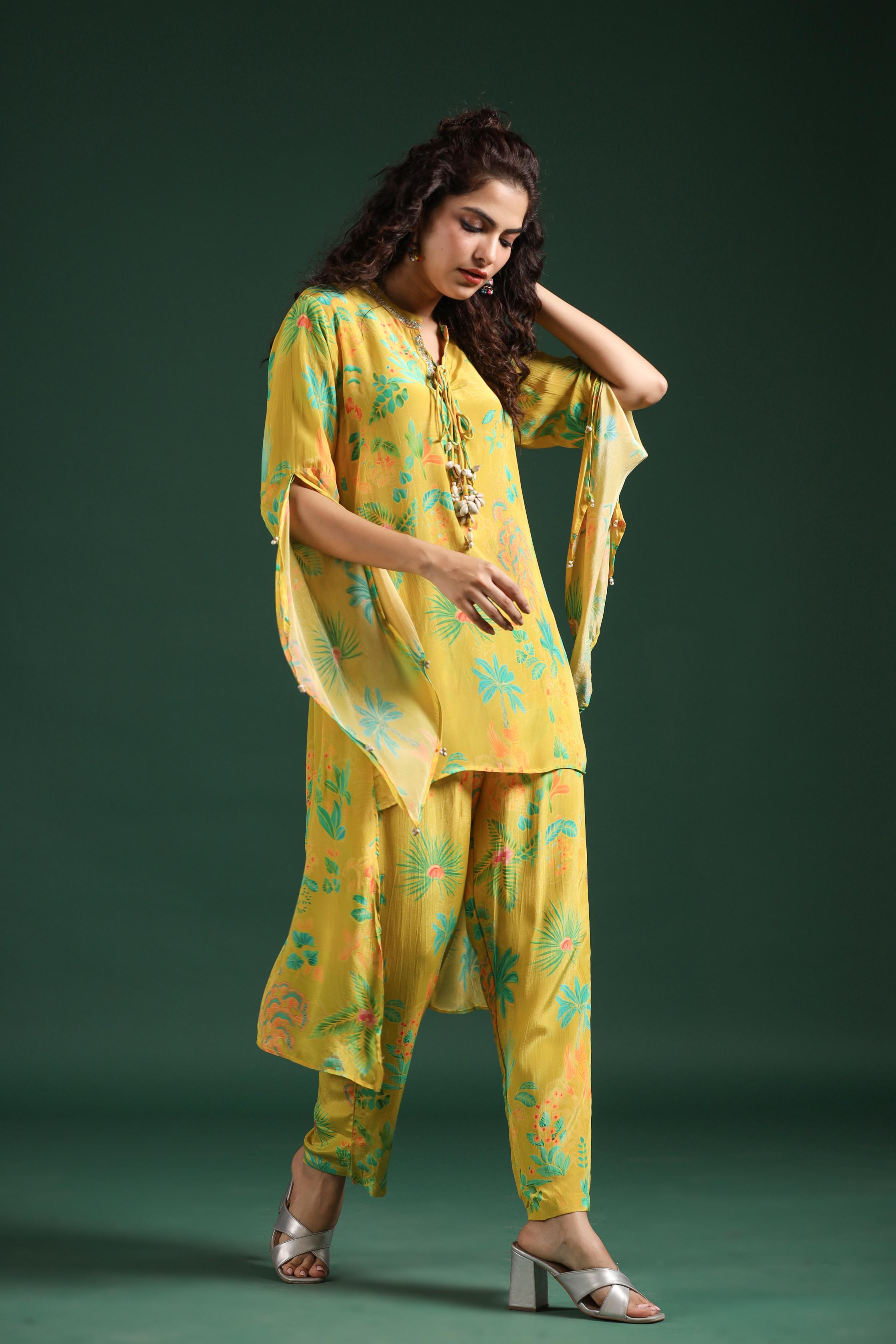 Lemon Yellow Digital Printed Muslin Silk Co-Ord Set