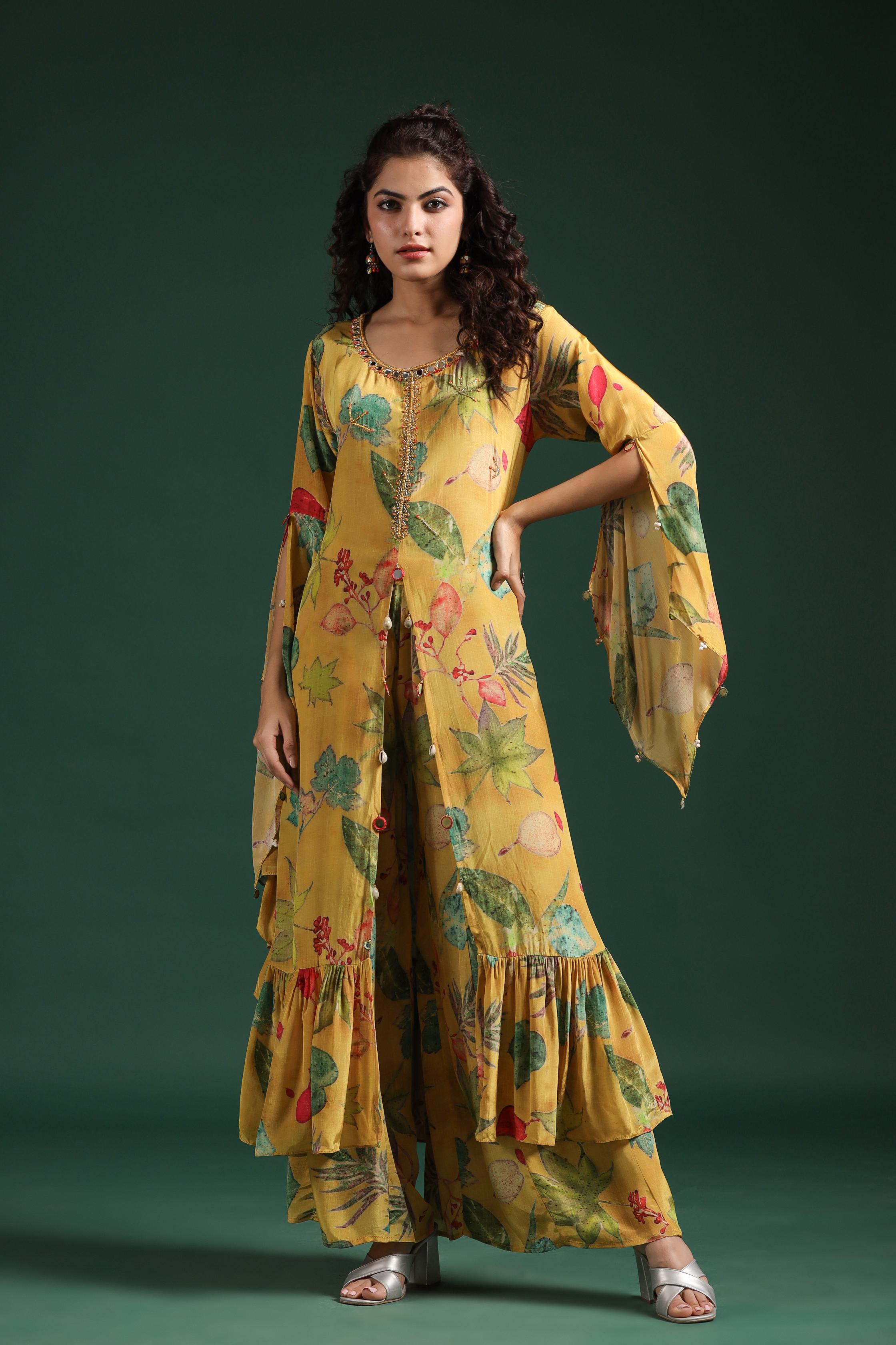 Mustard Yellow Digital Printed Muslin Silk Palazzo Set