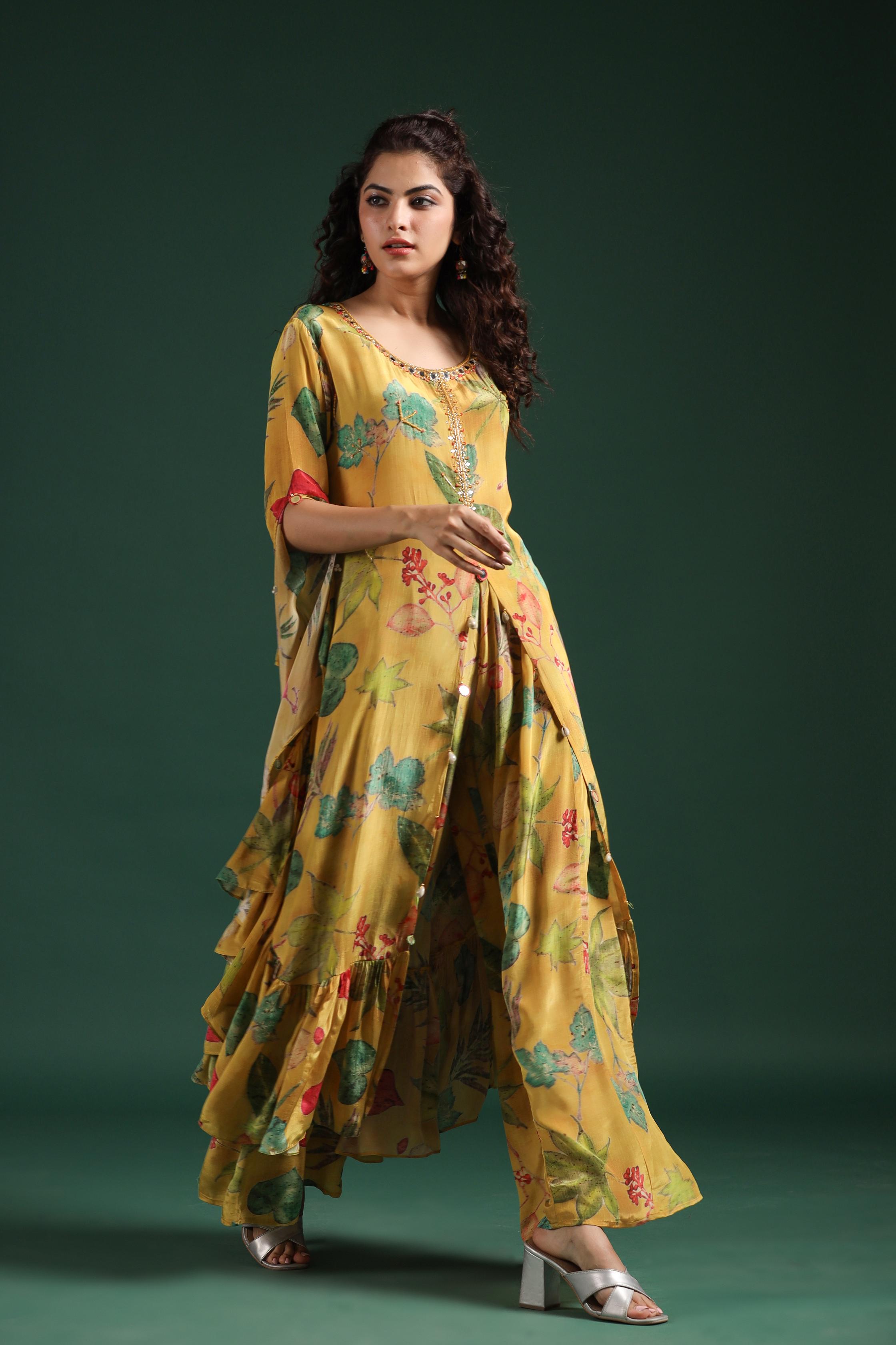 Mustard Yellow Digital Printed Muslin Silk Palazzo Set