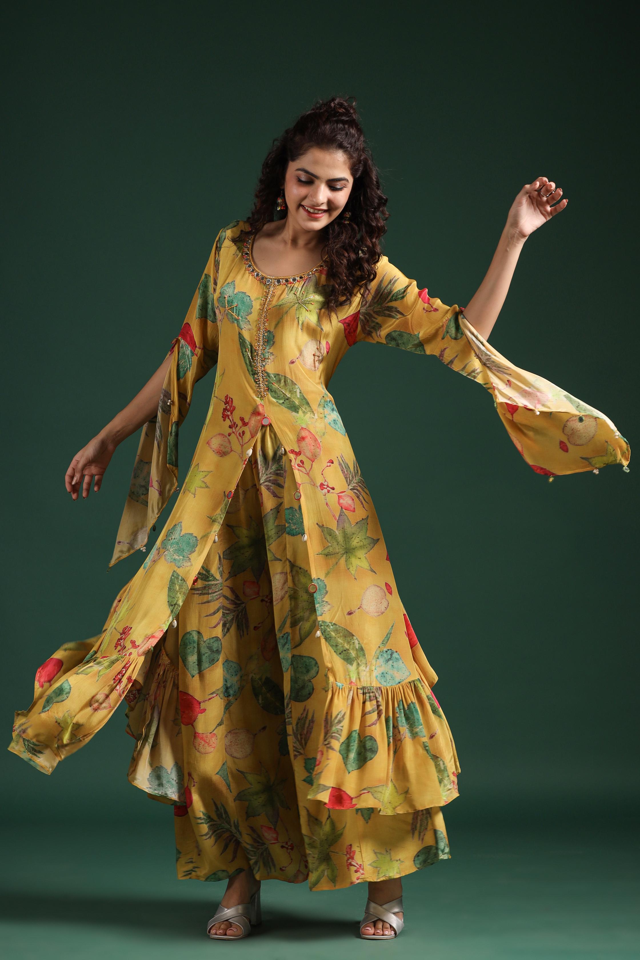 Mustard Yellow Digital Printed Muslin Silk Palazzo Set