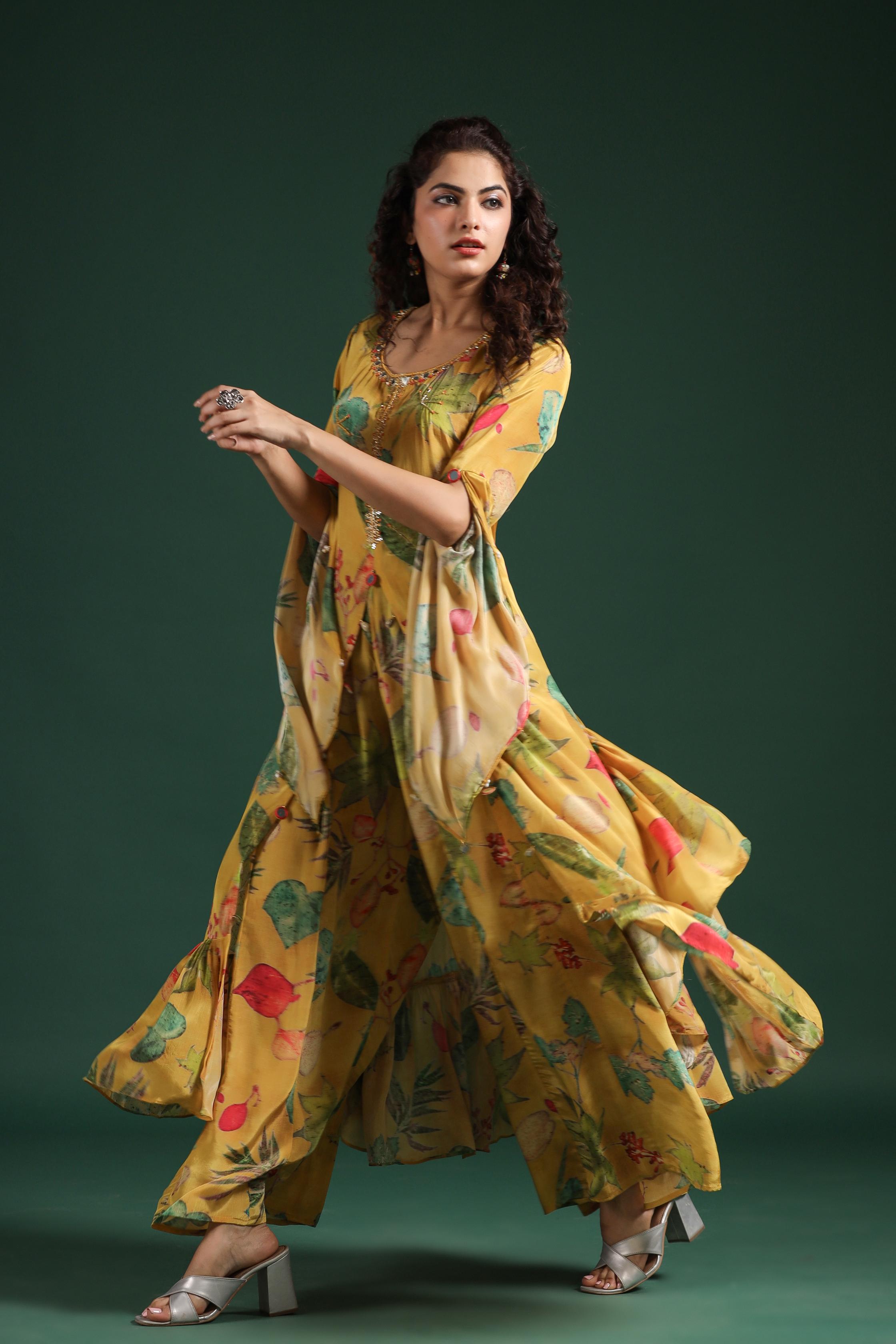 Mustard Yellow Digital Printed Muslin Silk Palazzo Set