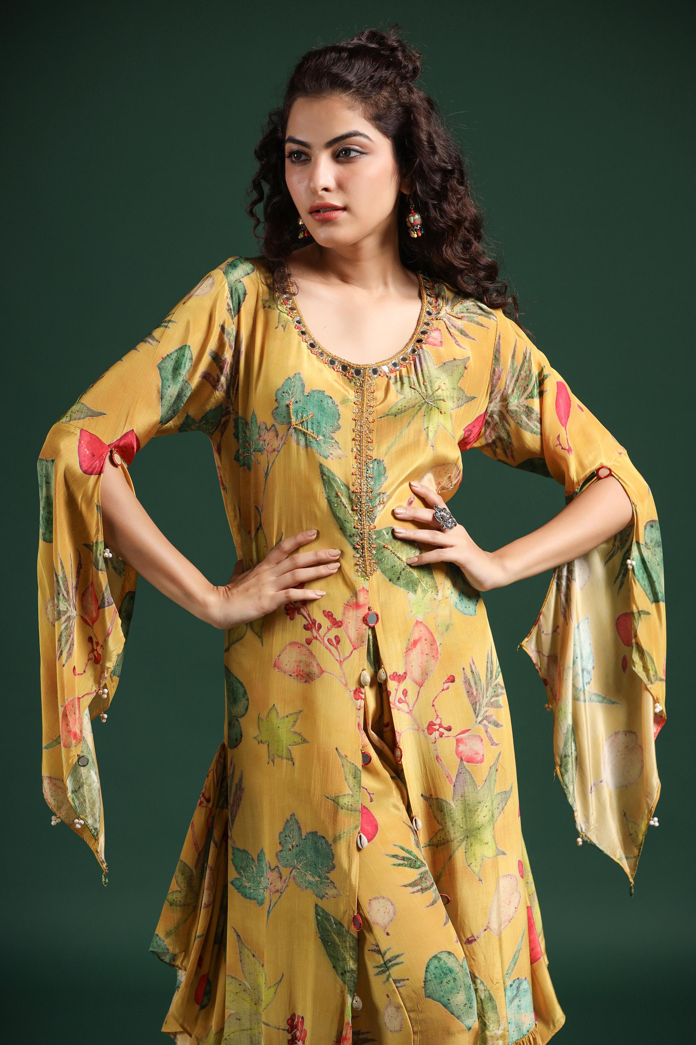 Mustard Yellow Digital Printed Muslin Silk Palazzo Set