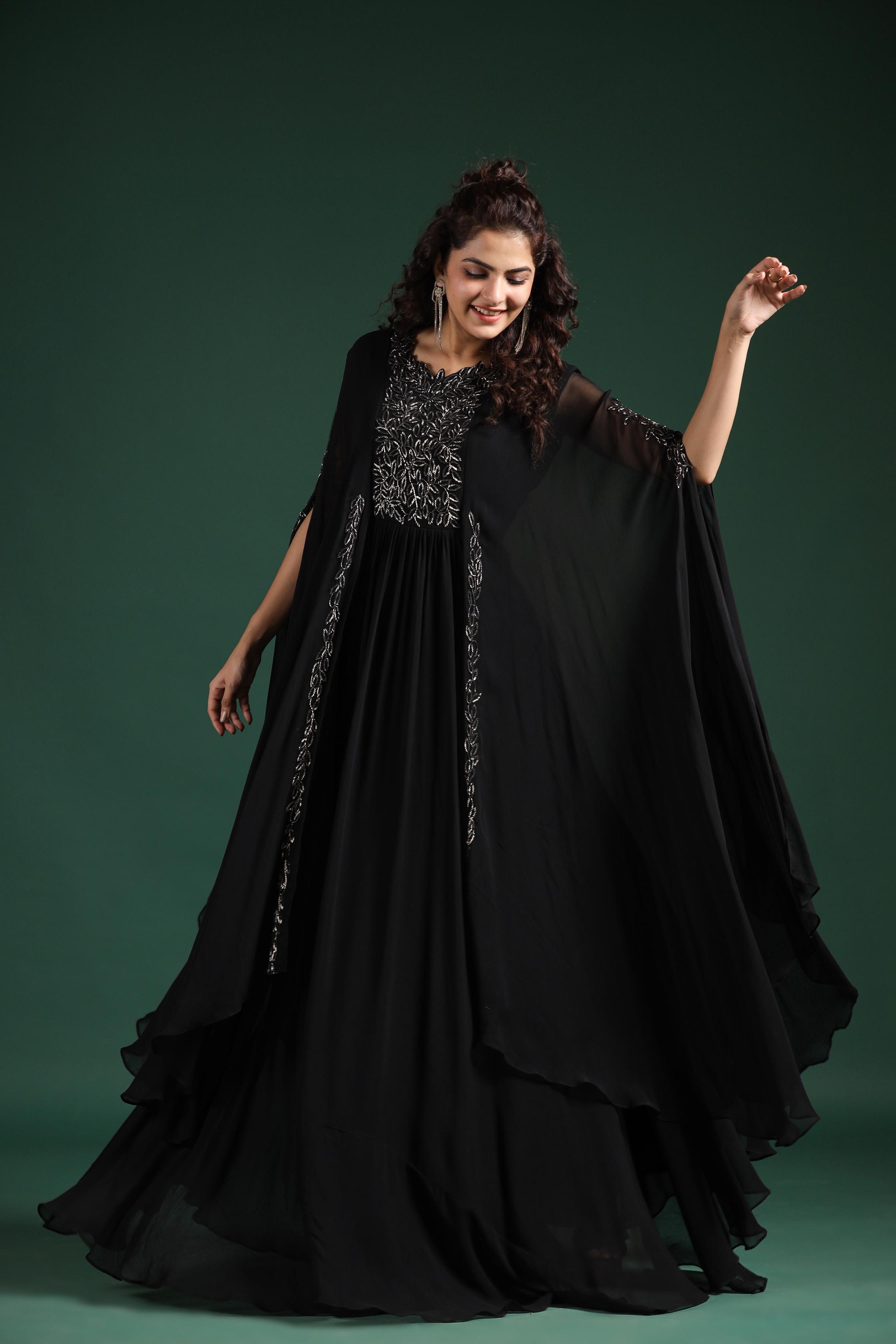 Black Embellished Crystal Georgette Silk Cape Gown