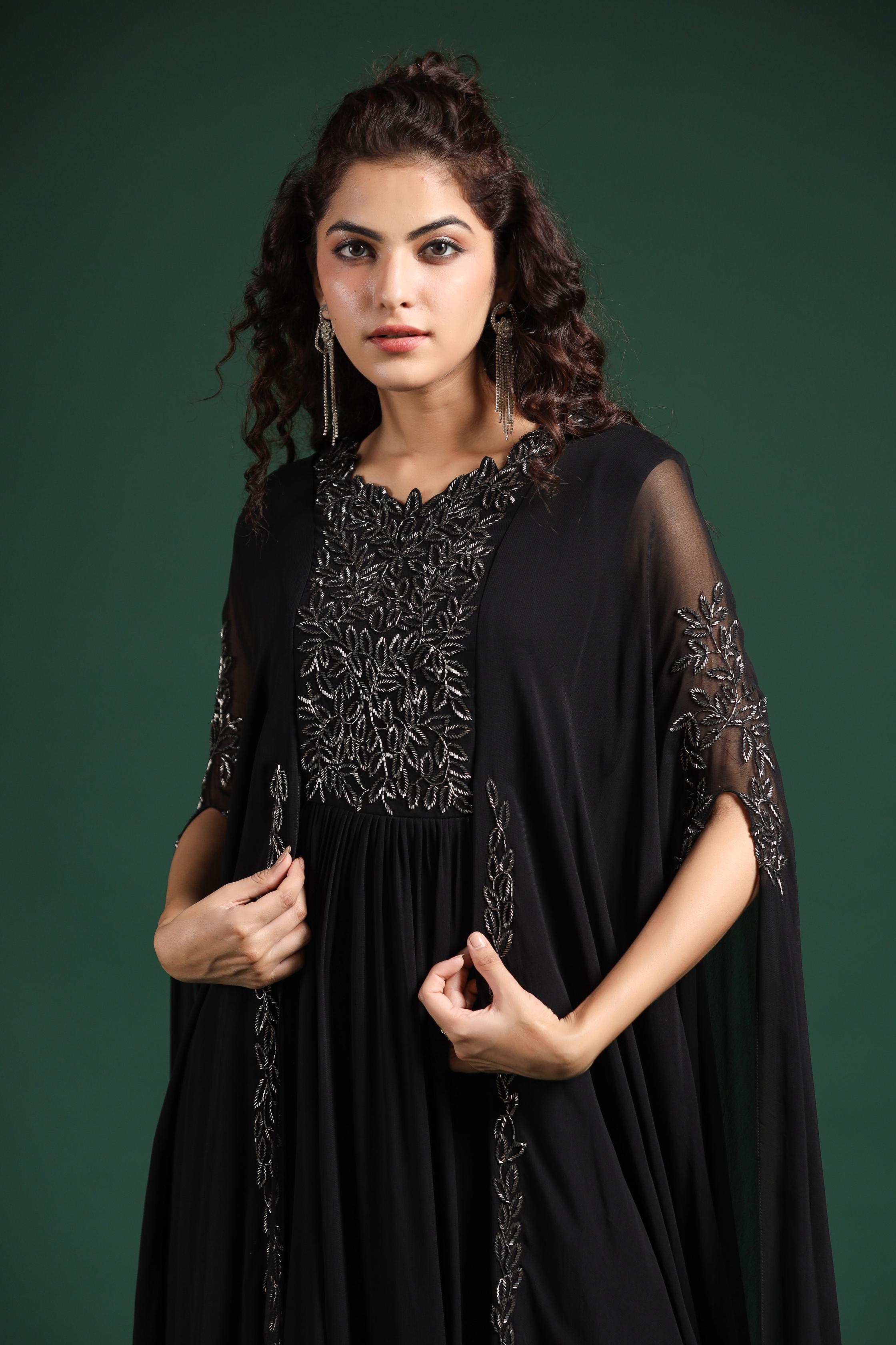 Black Embellished Crystal Georgette Silk Cape Gown