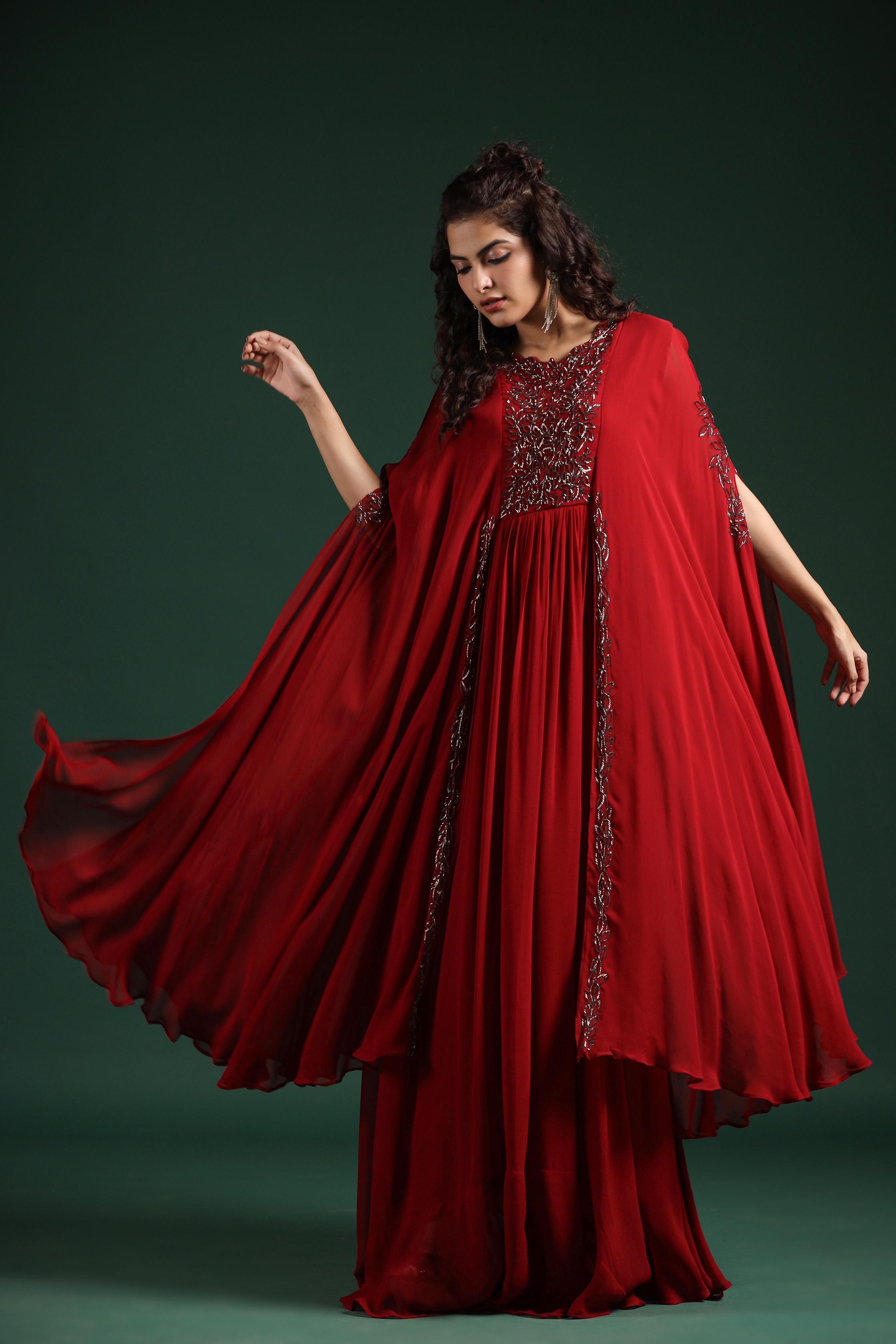 Carmine Red Embellished Crystal Georgette Silk Cape Gown