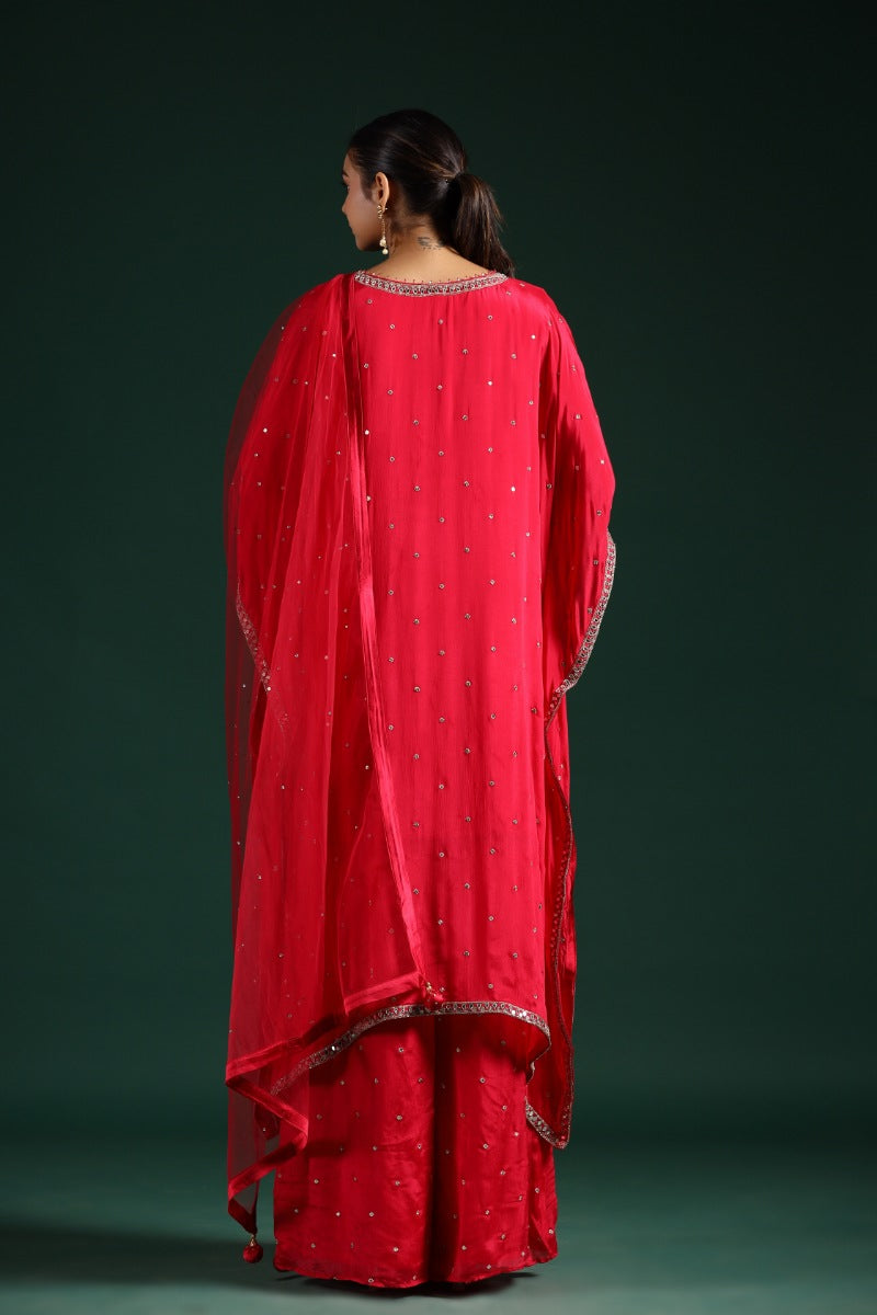 Crimson Red Embellished Kaftan Palazzo Set