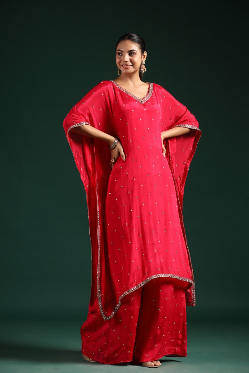 Crimson Red Embellished Kaftan Palazzo Set