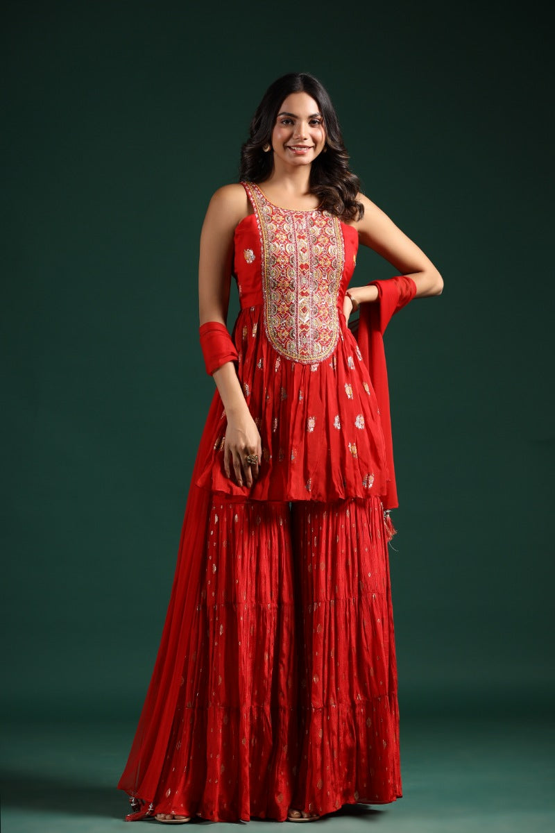 Rose Red Embellished Georgette Brocade Silk Sharara Set