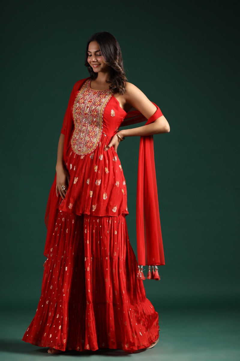 Rose Red Embellished Georgette Brocade Silk Sharara Set