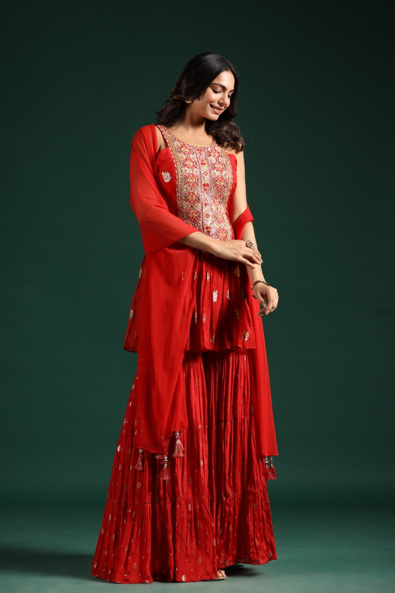 Rose Red Embellished Georgette Brocade Silk Sharara Set