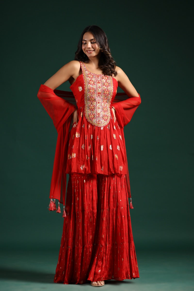 Rose Red Embellished Georgette Brocade Silk Sharara Set