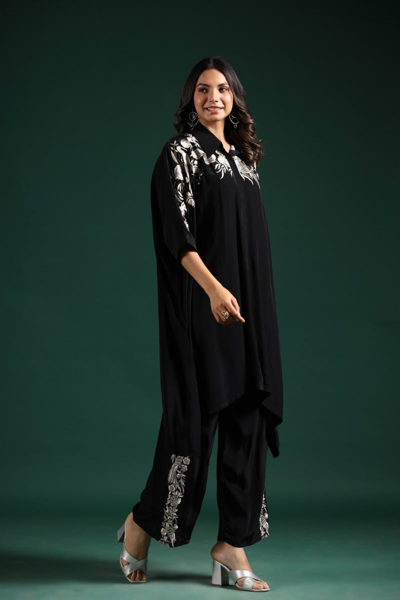 Black Embroidered Habutai Silk Co-Ord Set