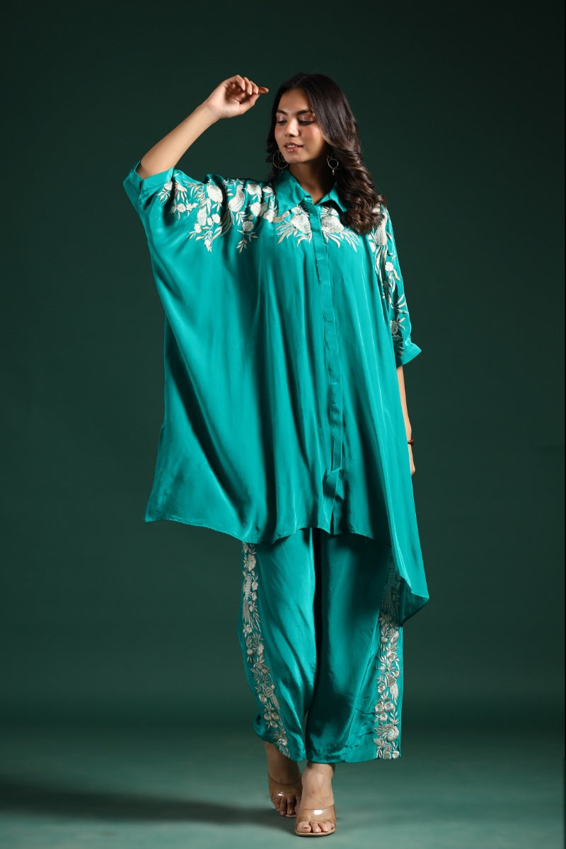 Turquoise Blue Embroidered Habutai Silk Co-Ord Set