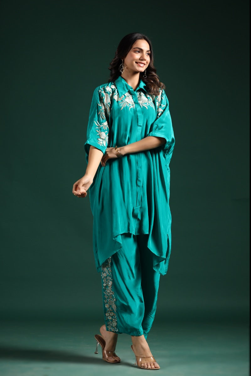 Turquoise Blue Embroidered Habutai Silk Co-Ord Set