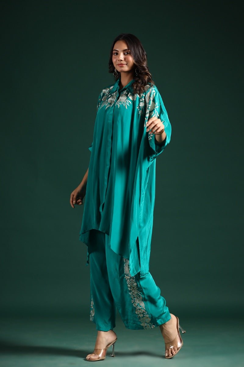 Turquoise Blue Embroidered Habutai Silk Co-Ord Set