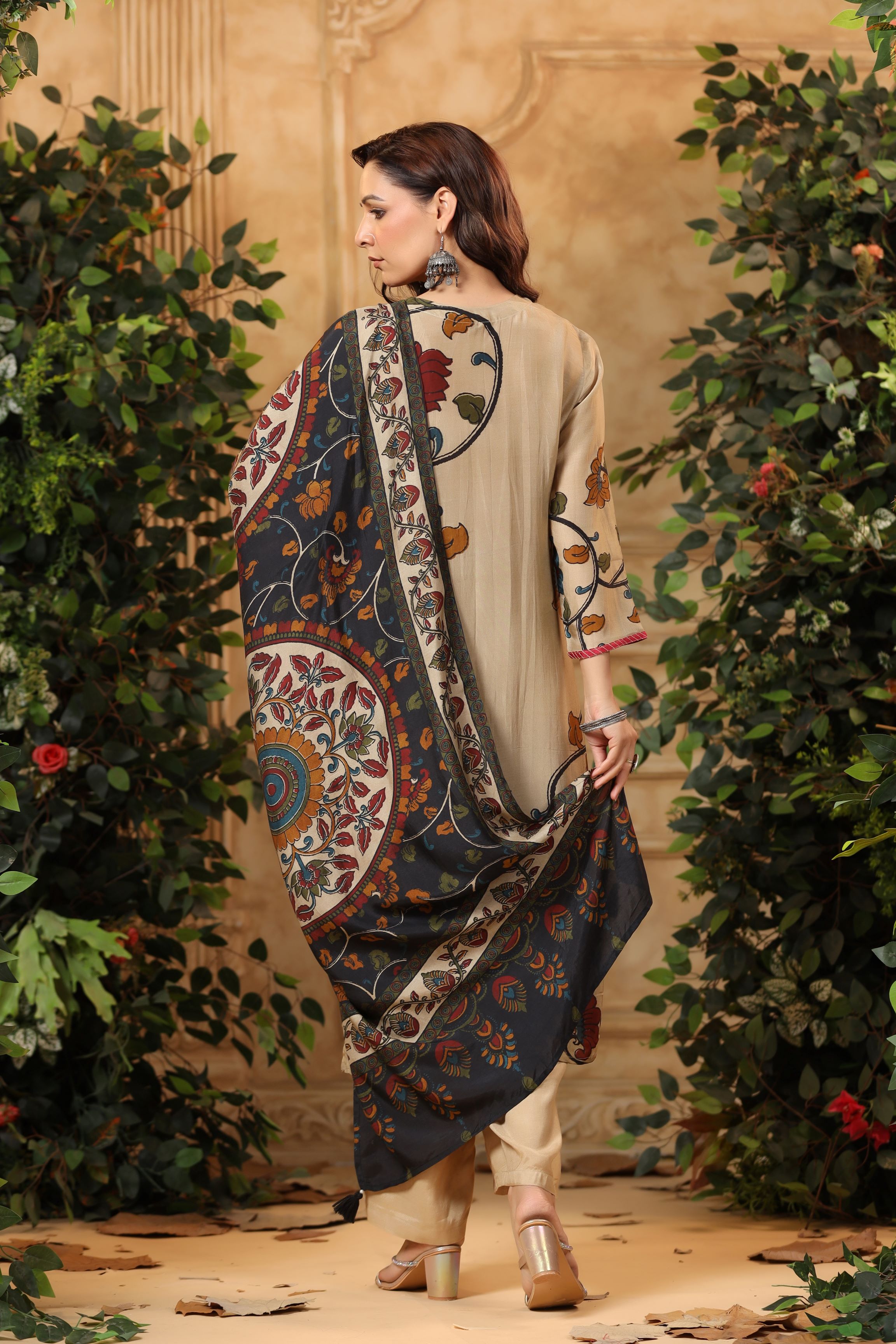 Metallic Beige Floral Printed Muslin Silk Palazzo Set