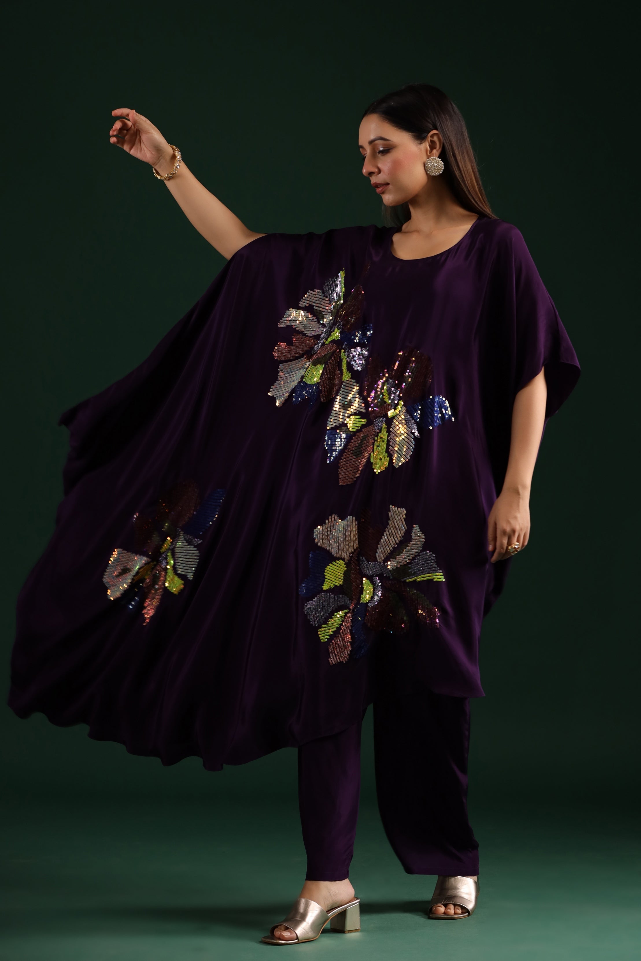 Deep Purple Embellished Asymmetrical Tunic & Pants