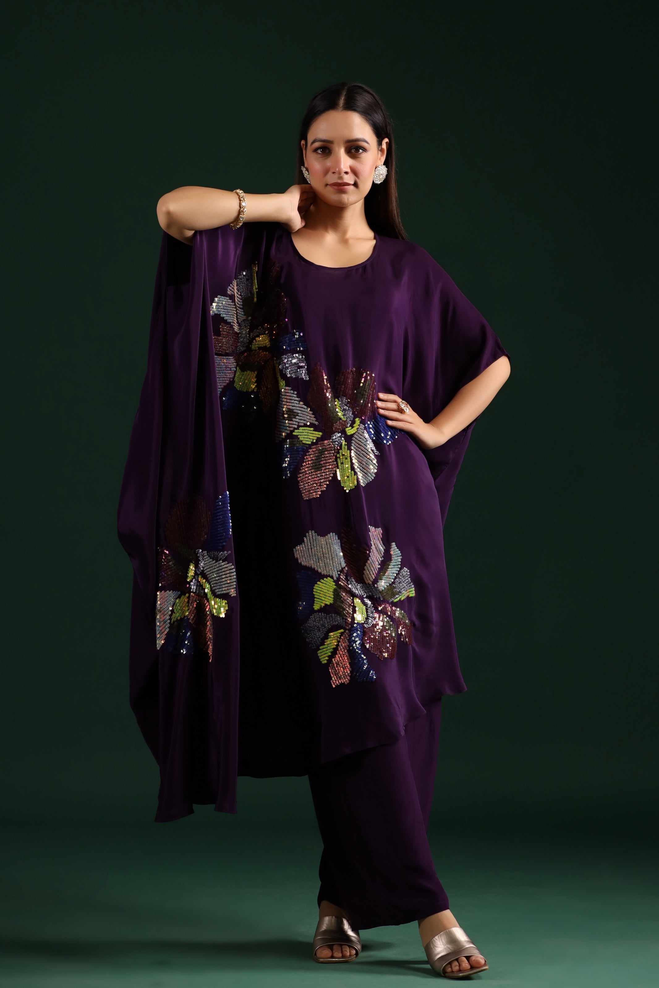 Deep Purple Embellished Asymmetrical Tunic & Pants