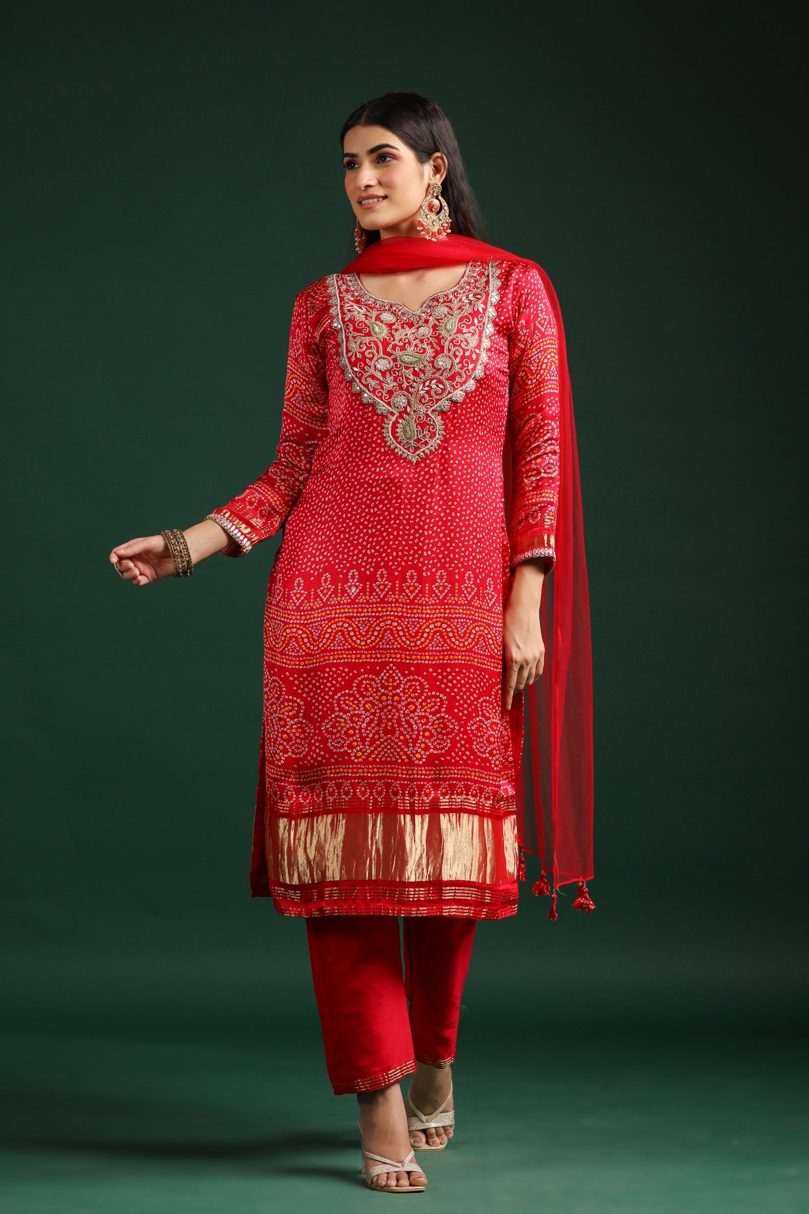 Red Bandhej Printed Gazzi Silk Pants Set