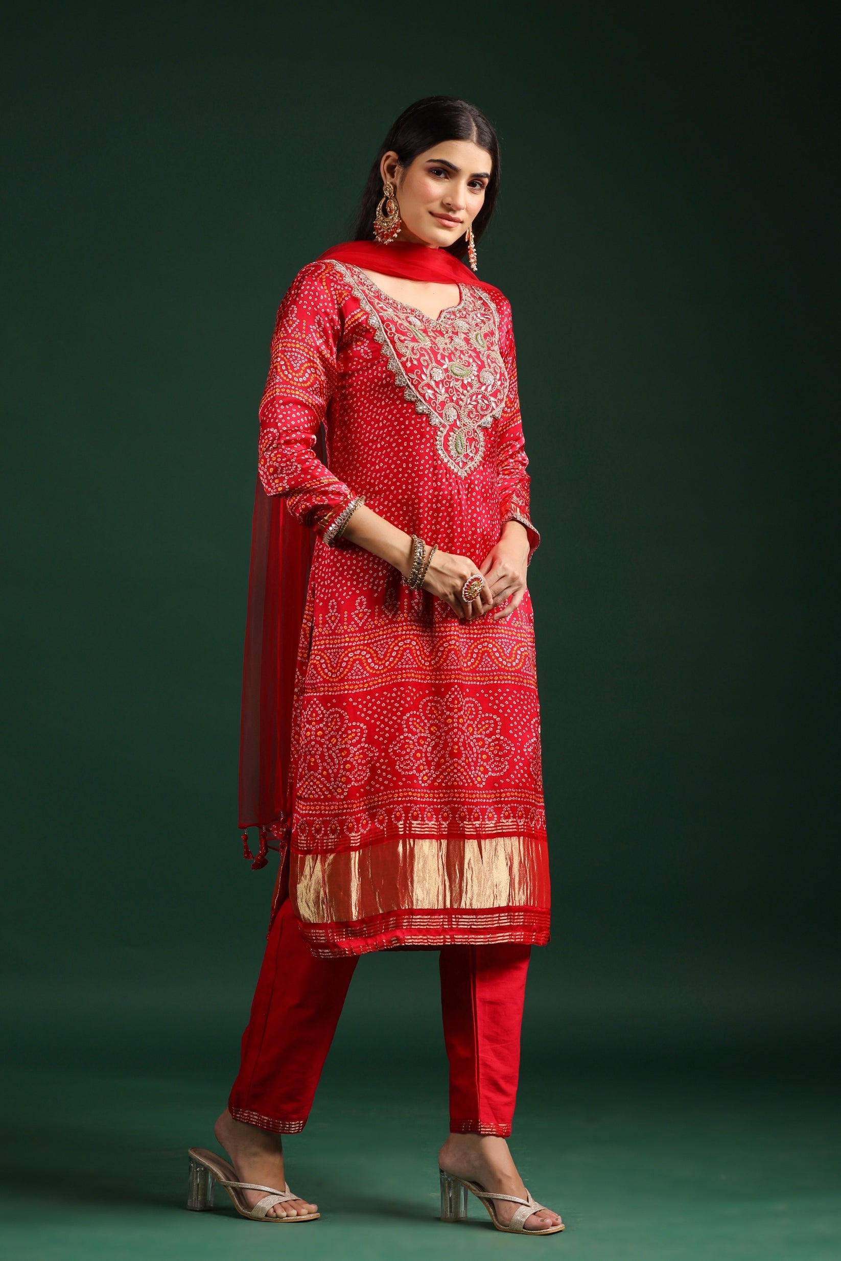 Red Bandhej Printed Gazzi Silk Pants Set