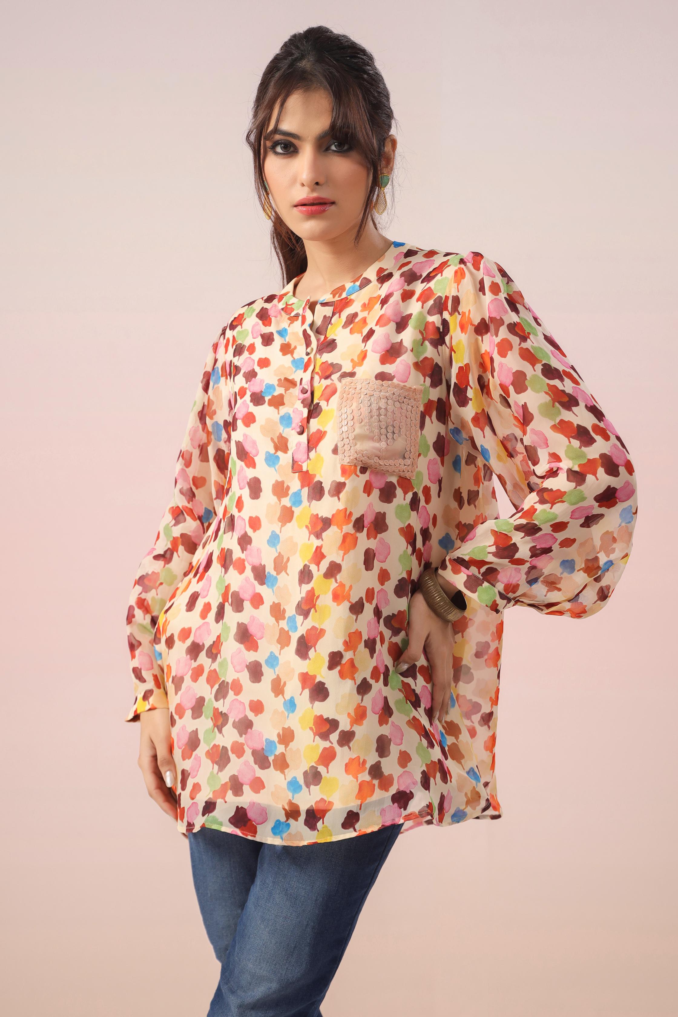 Light Peach Digital Printed Organza Silk Short Top