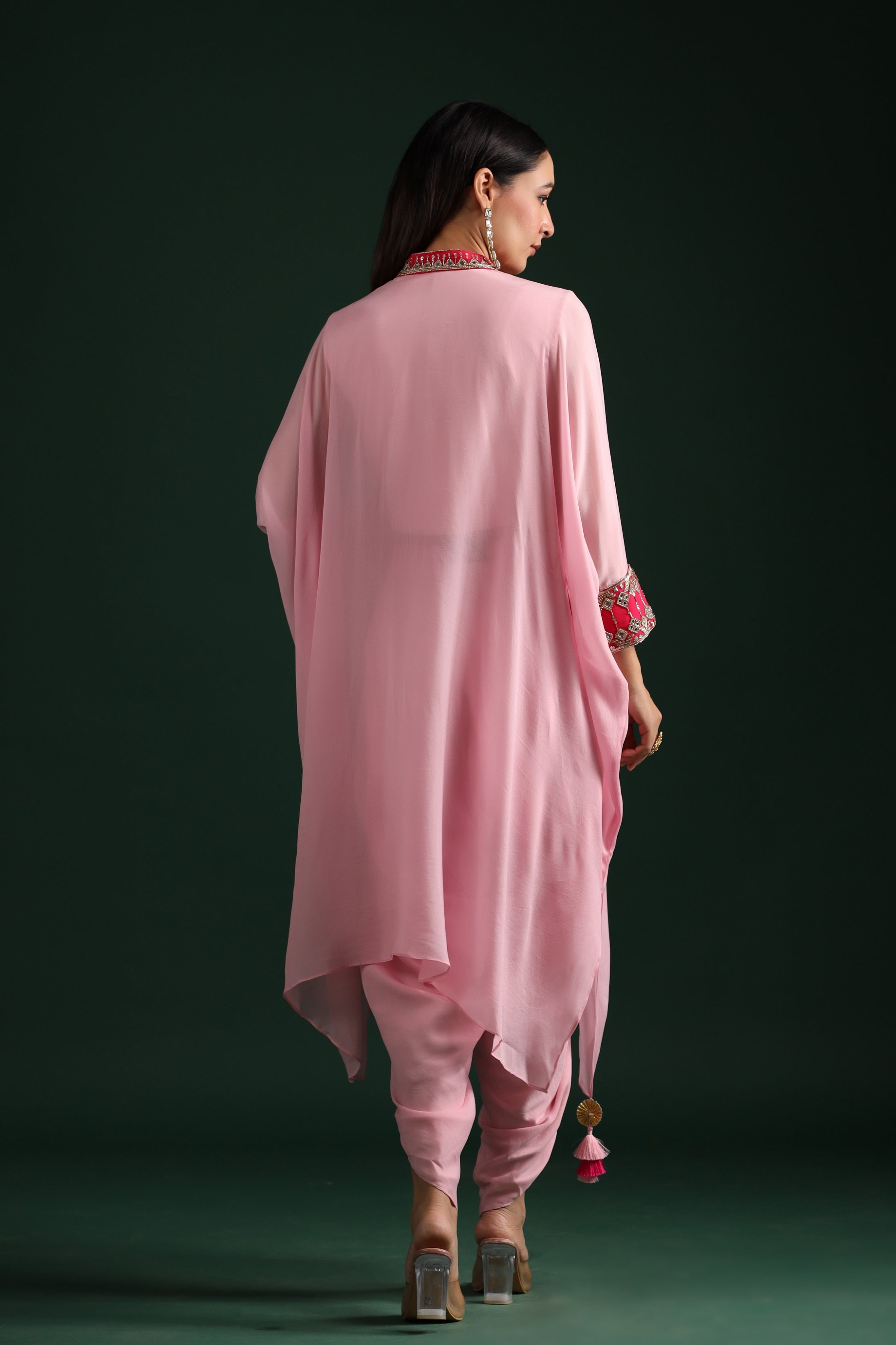 Pale Pink Embellished Vama Georgette Kaftan Dhoti Set