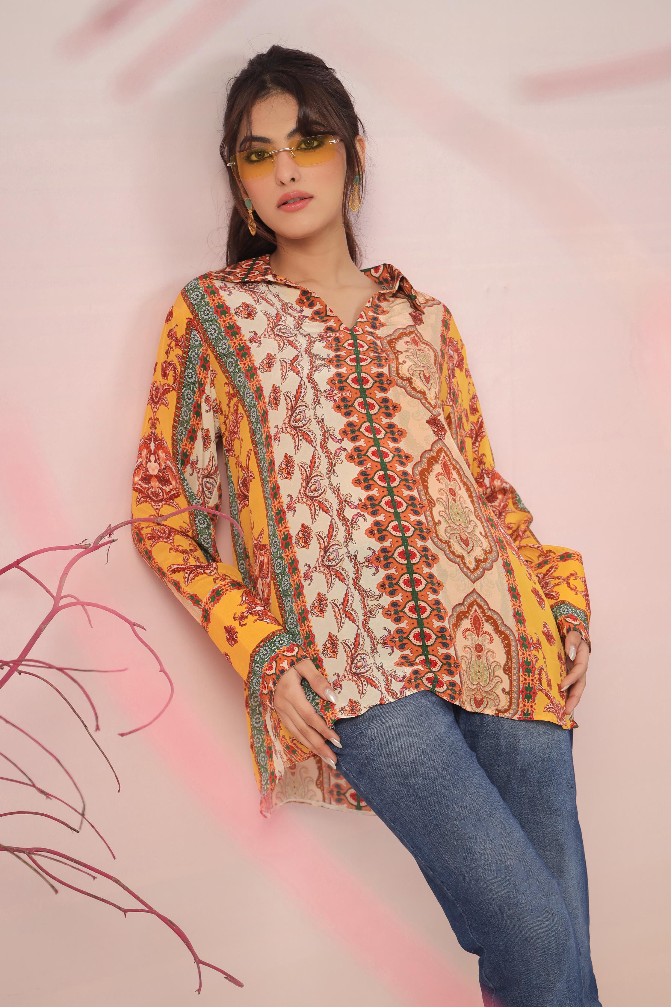 Multicolor Traditional Printed Crepe Silk Short Top