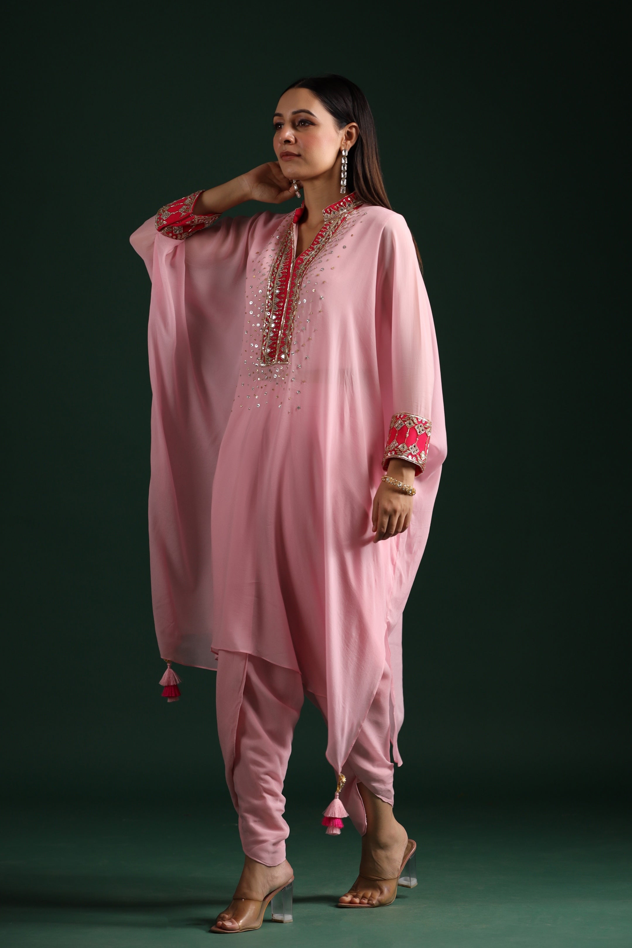 Pale Pink Embellished Vama Georgette Kaftan Dhoti Set