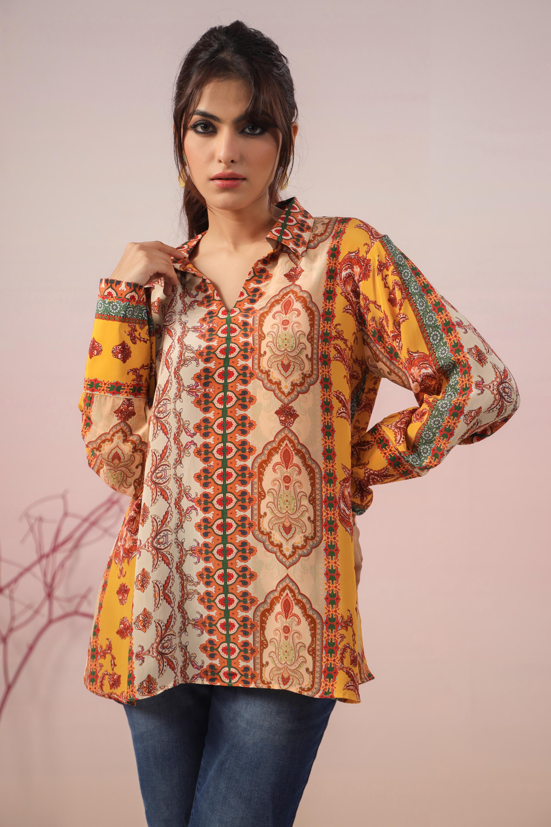 Multicolor Traditional Printed Crepe Silk Short Top