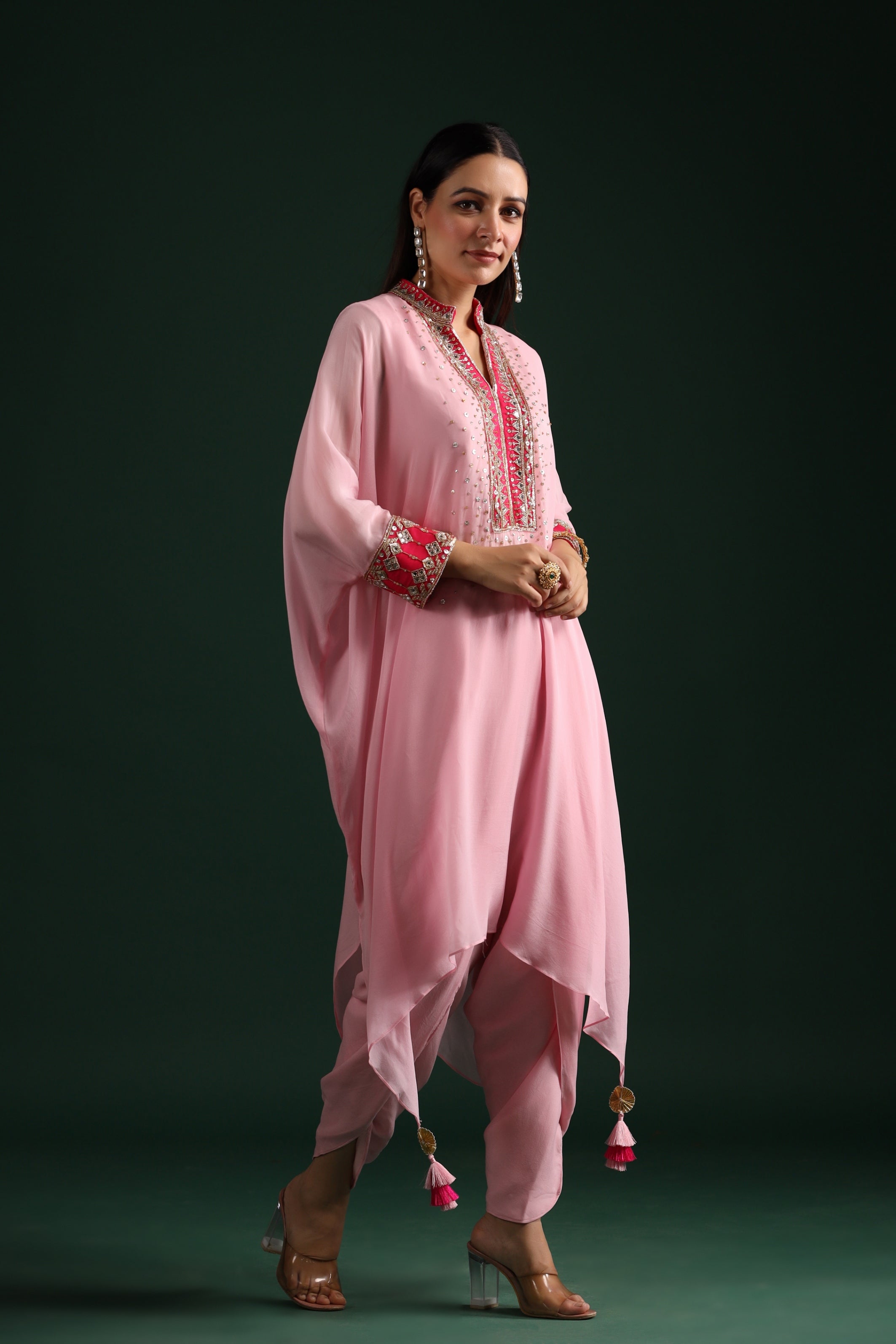 Pale Pink Embellished Vama Georgette Kaftan Dhoti Set