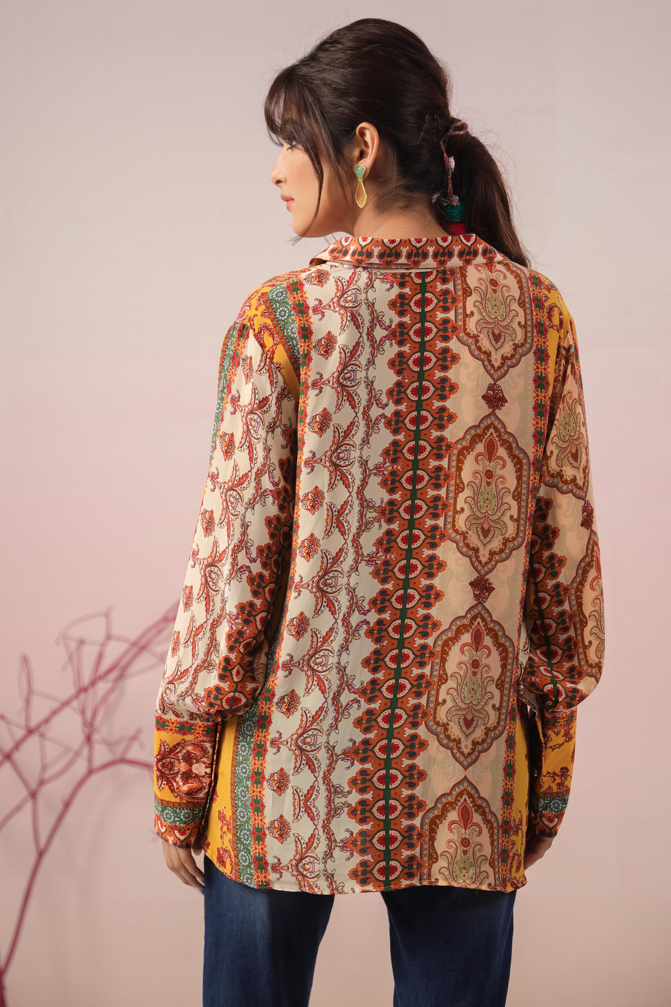 Multicolor Traditional Printed Crepe Silk Short Top