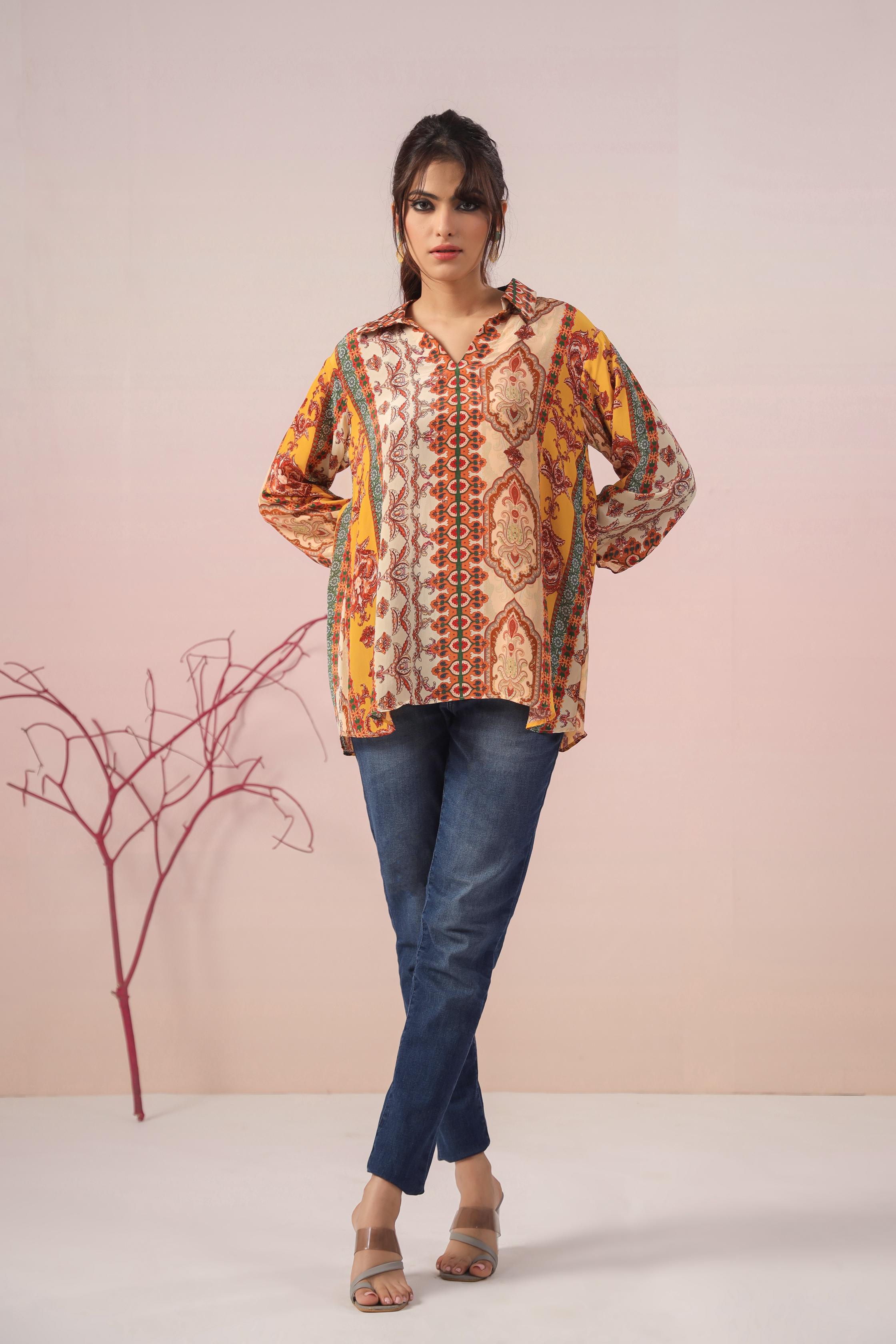 Multicolor Traditional Printed Crepe Silk Short Top