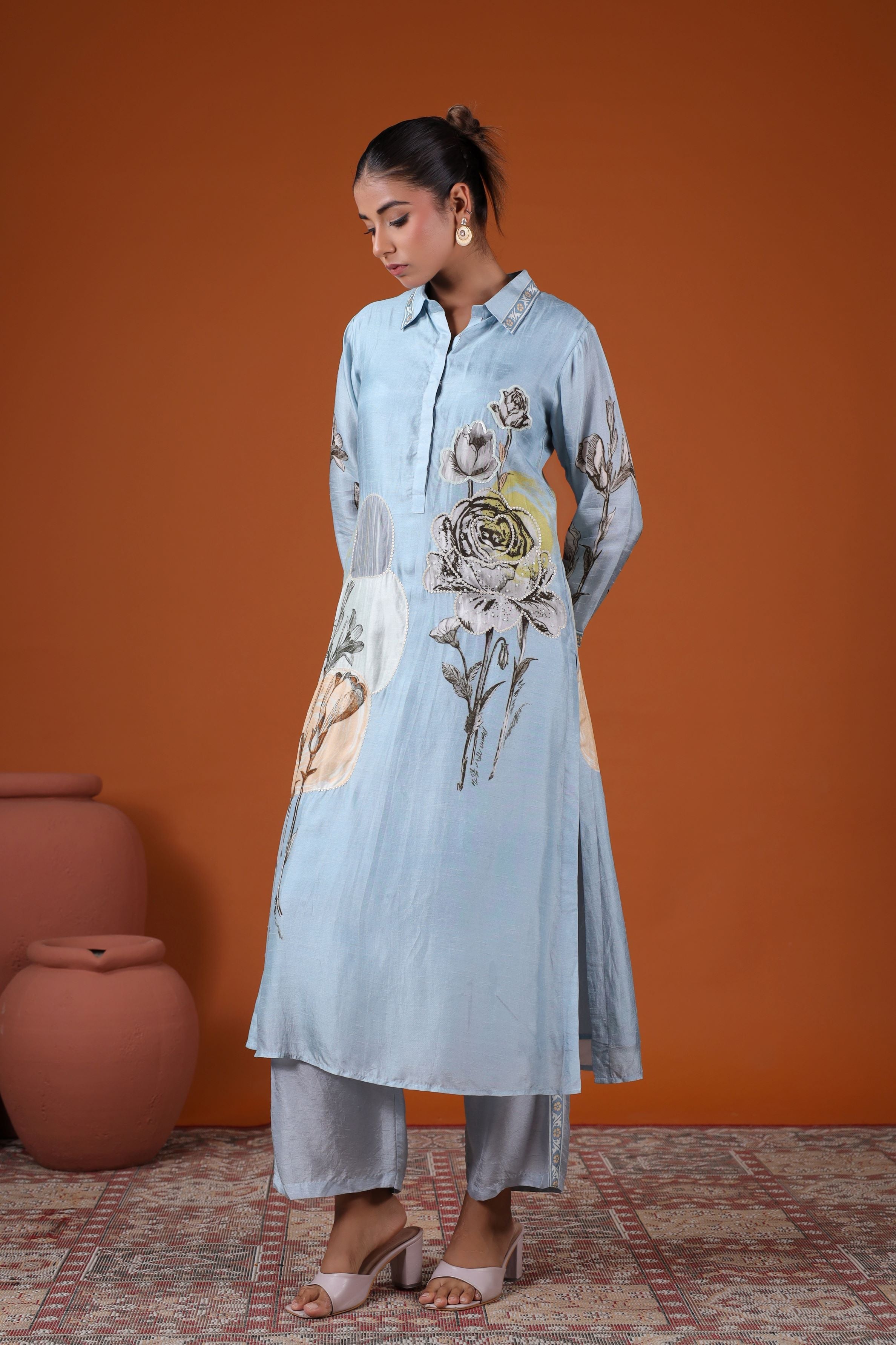 Light Blue Floral Printed Tussar Silk Kurta Set