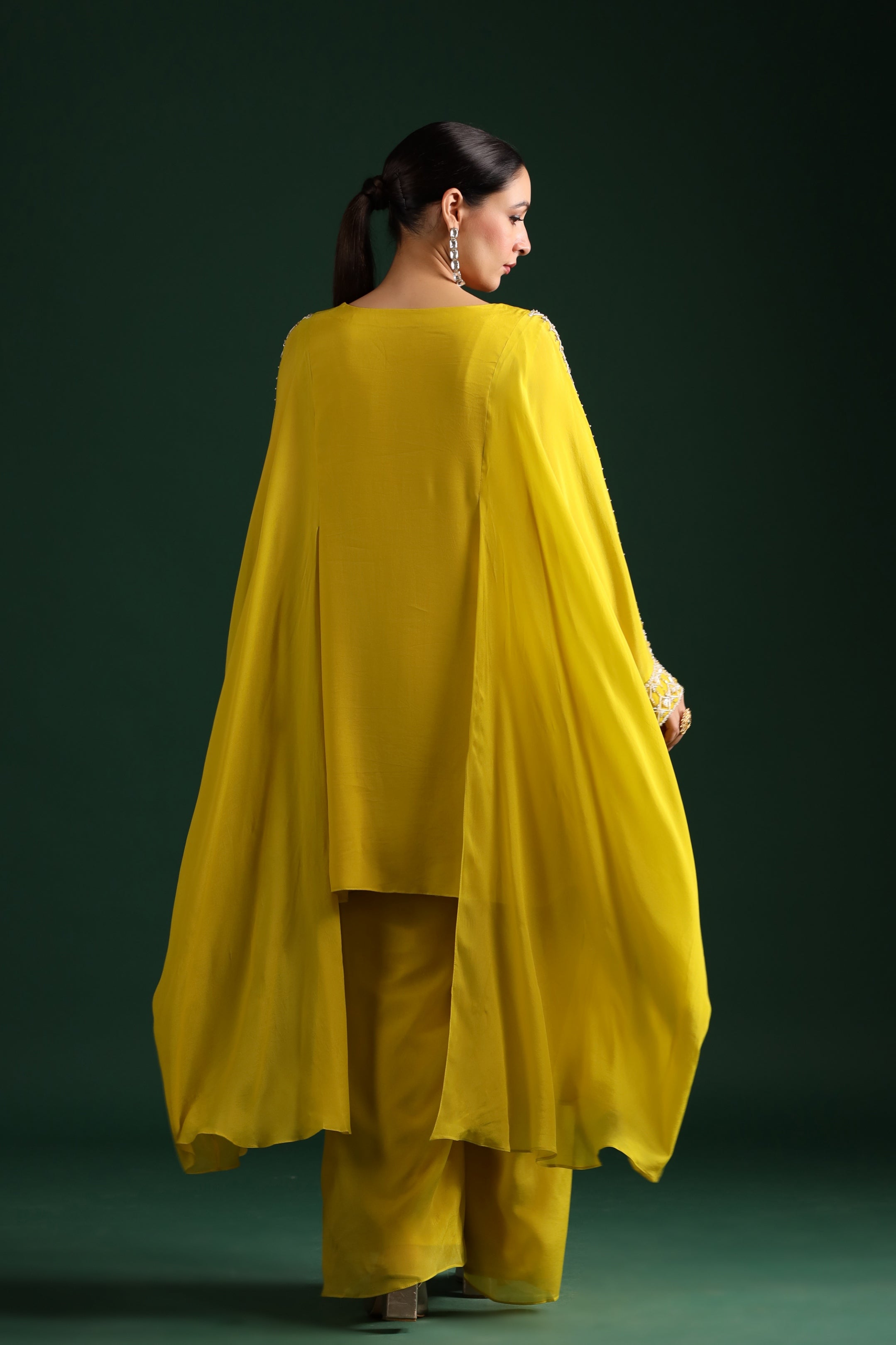 Bright Yellow Embellished Swiss Georgette Cape Co-Ord Set