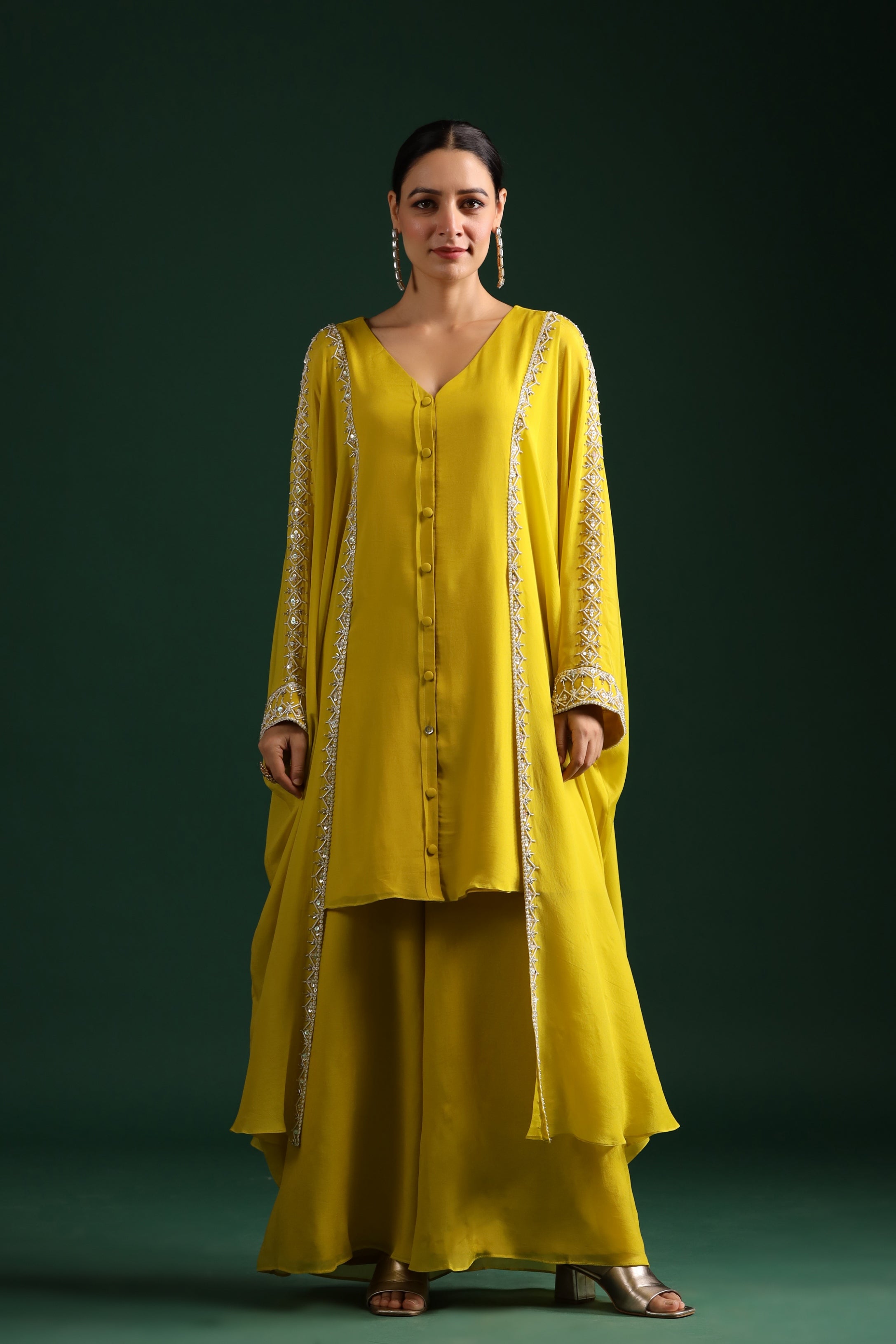 Bright Yellow Embellished Swiss Georgette Cape Co-Ord Set