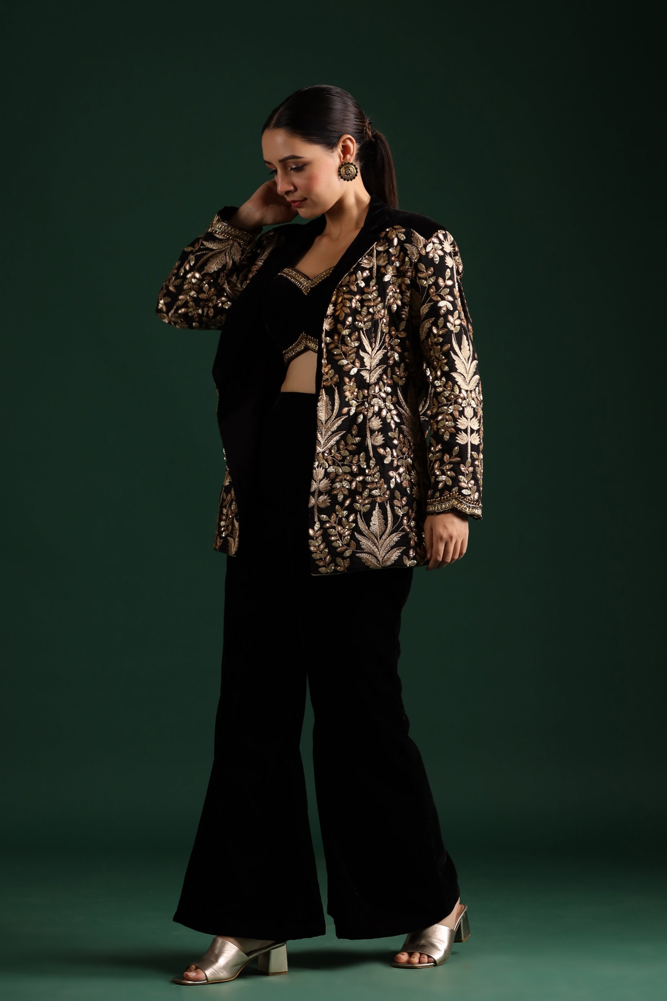 Black Golden Embroidered Co-Ord Set With Jacket