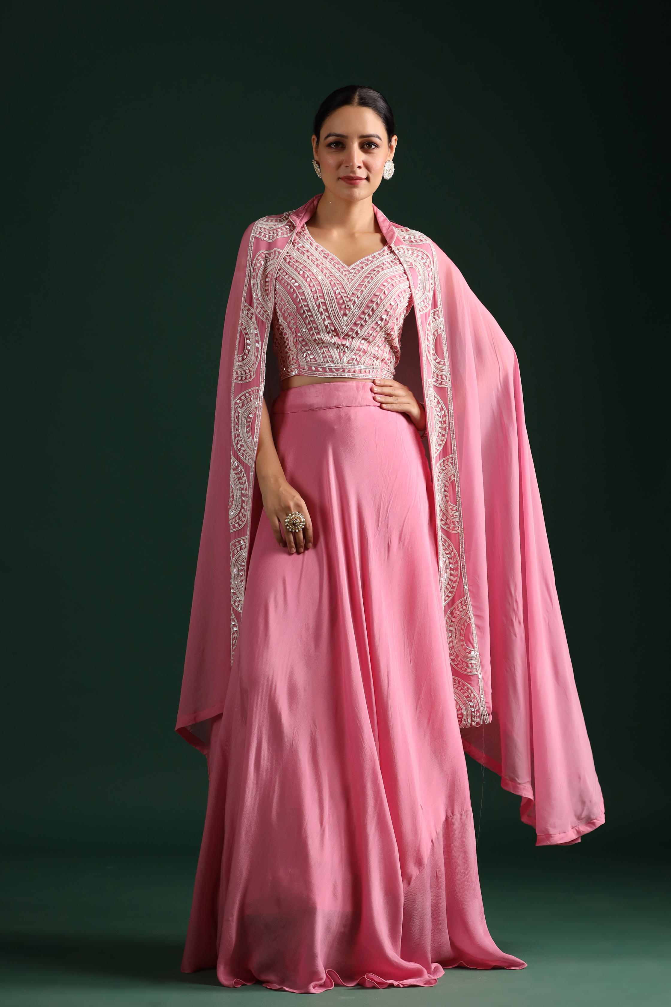 Neon Pink Embellished Cape Set