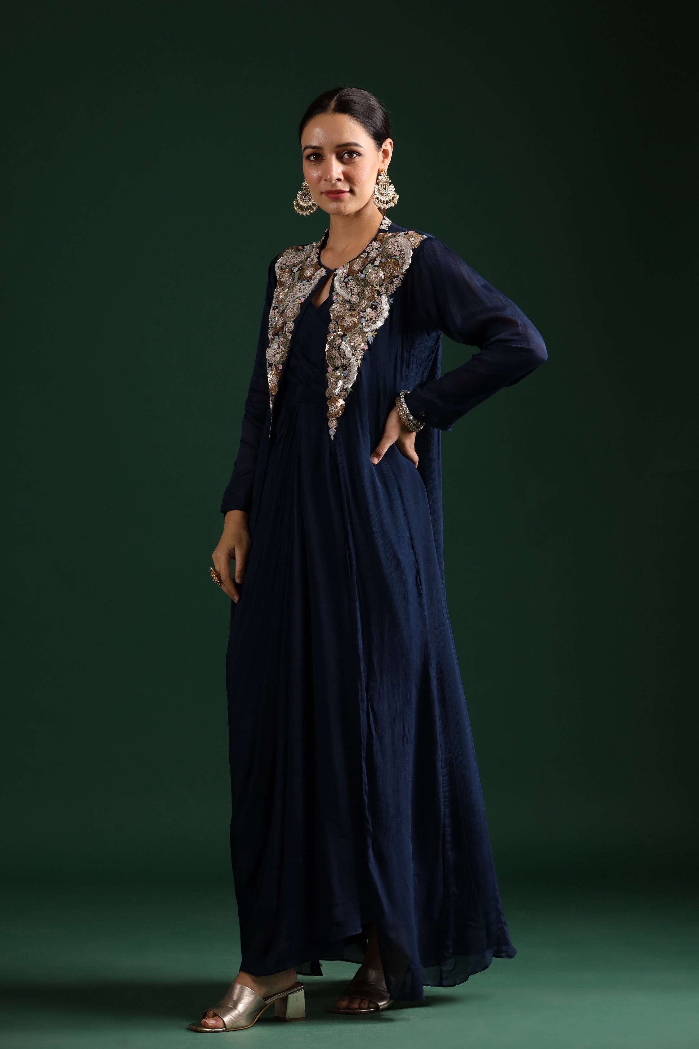 Deep Blue Embellished Draped Cape Dress