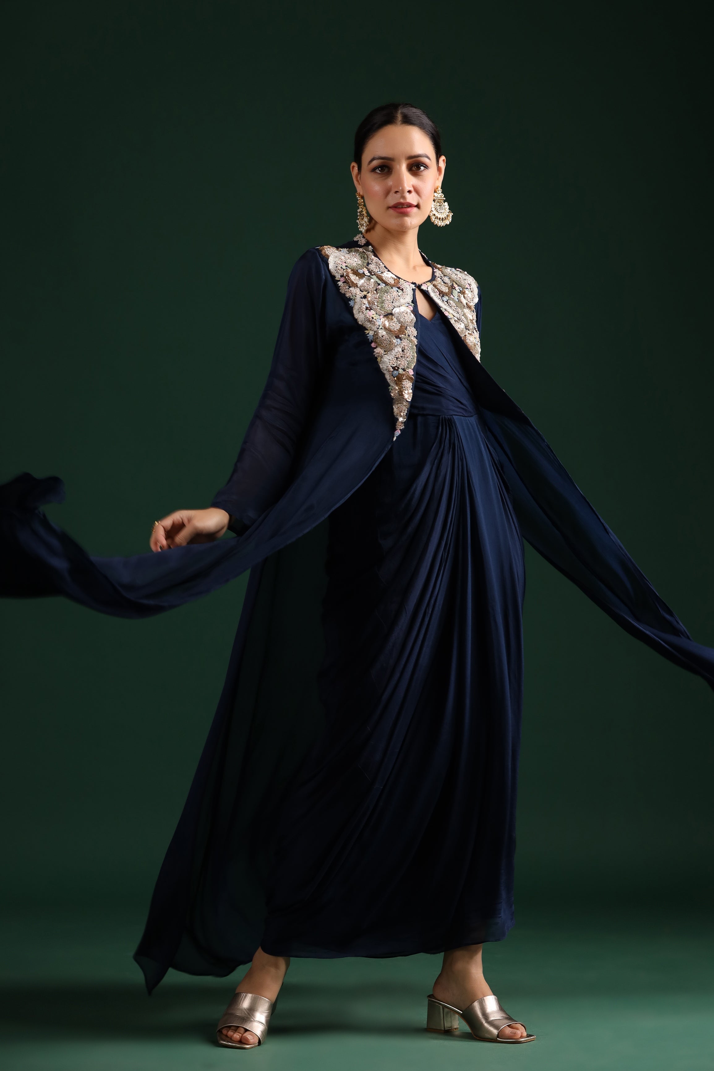 Deep Blue Embellished Draped Cape Dress