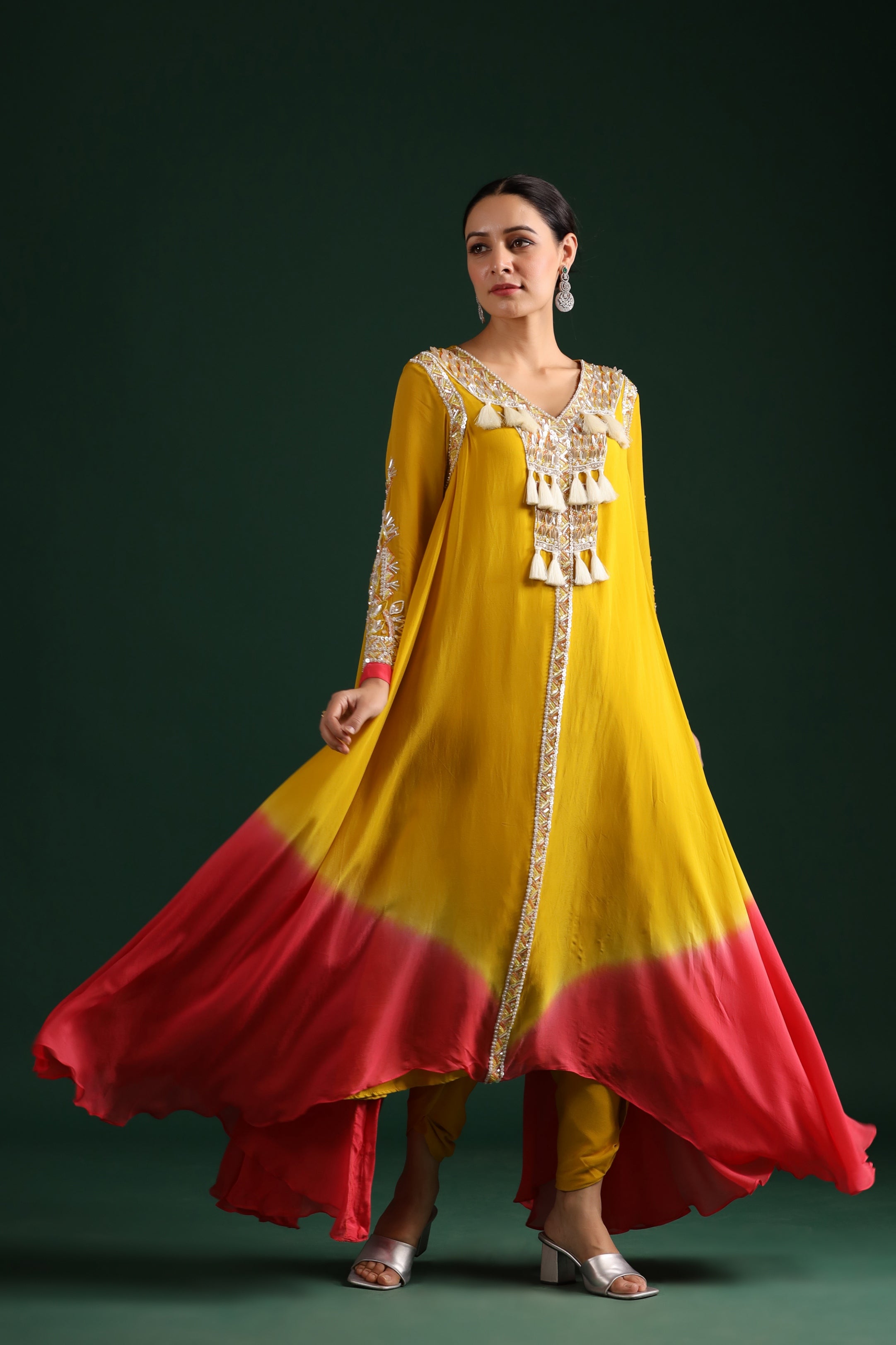 Yellow Ombre Dyed Swiss Georgette Asymmetrical Kurta With Pants