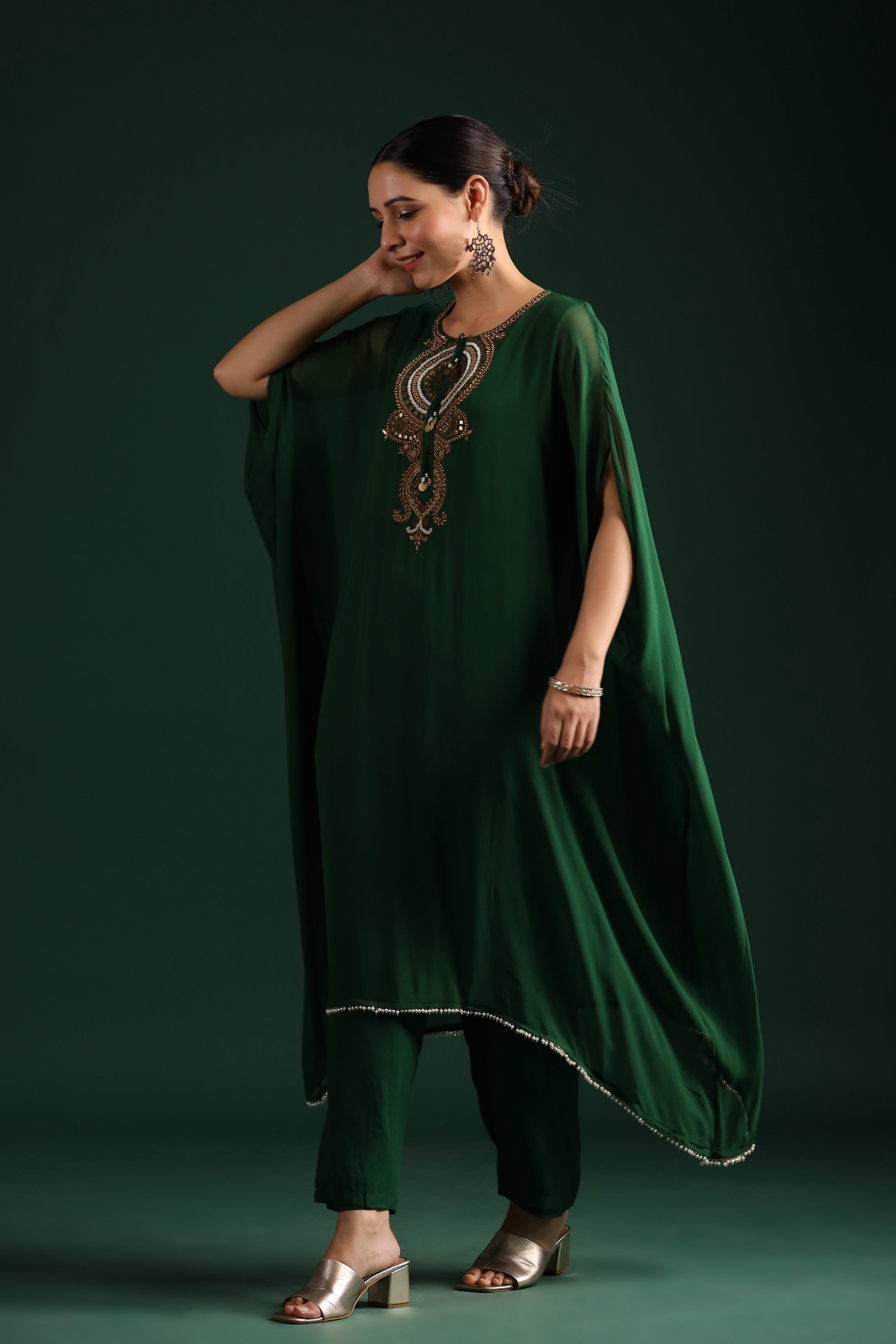 Deep Green Embellished Kaftan Pant Set