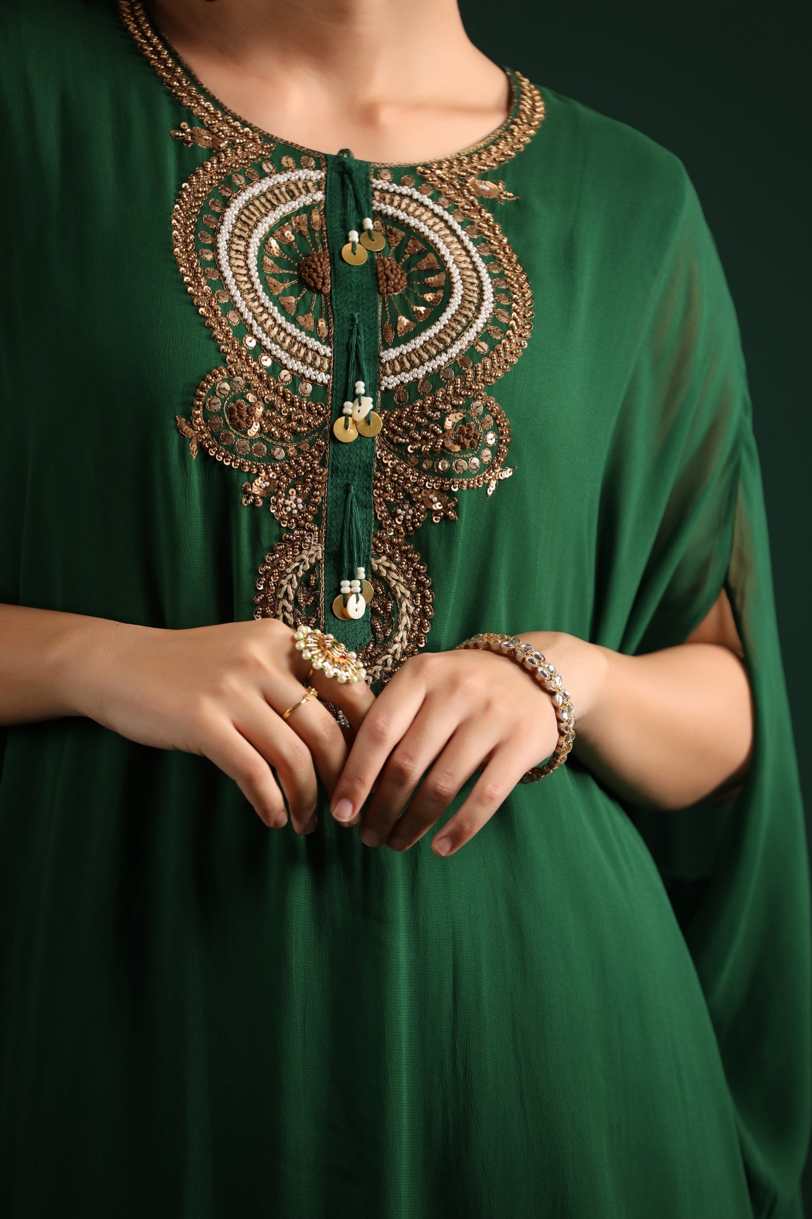 Deep Green Embellished Kaftan Pant Set