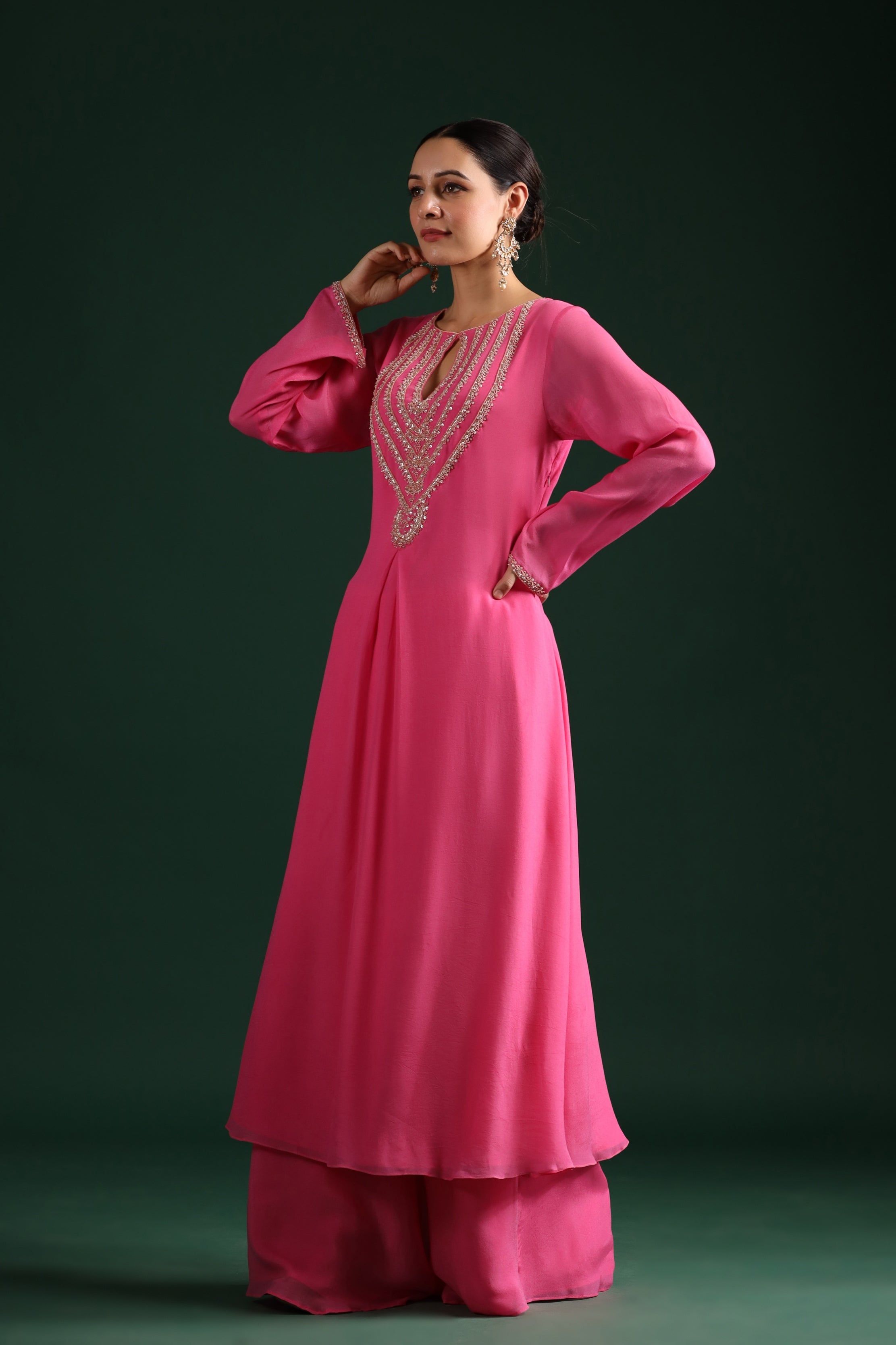 Rose Pink Embellished Premium Georgette Palazzo Set