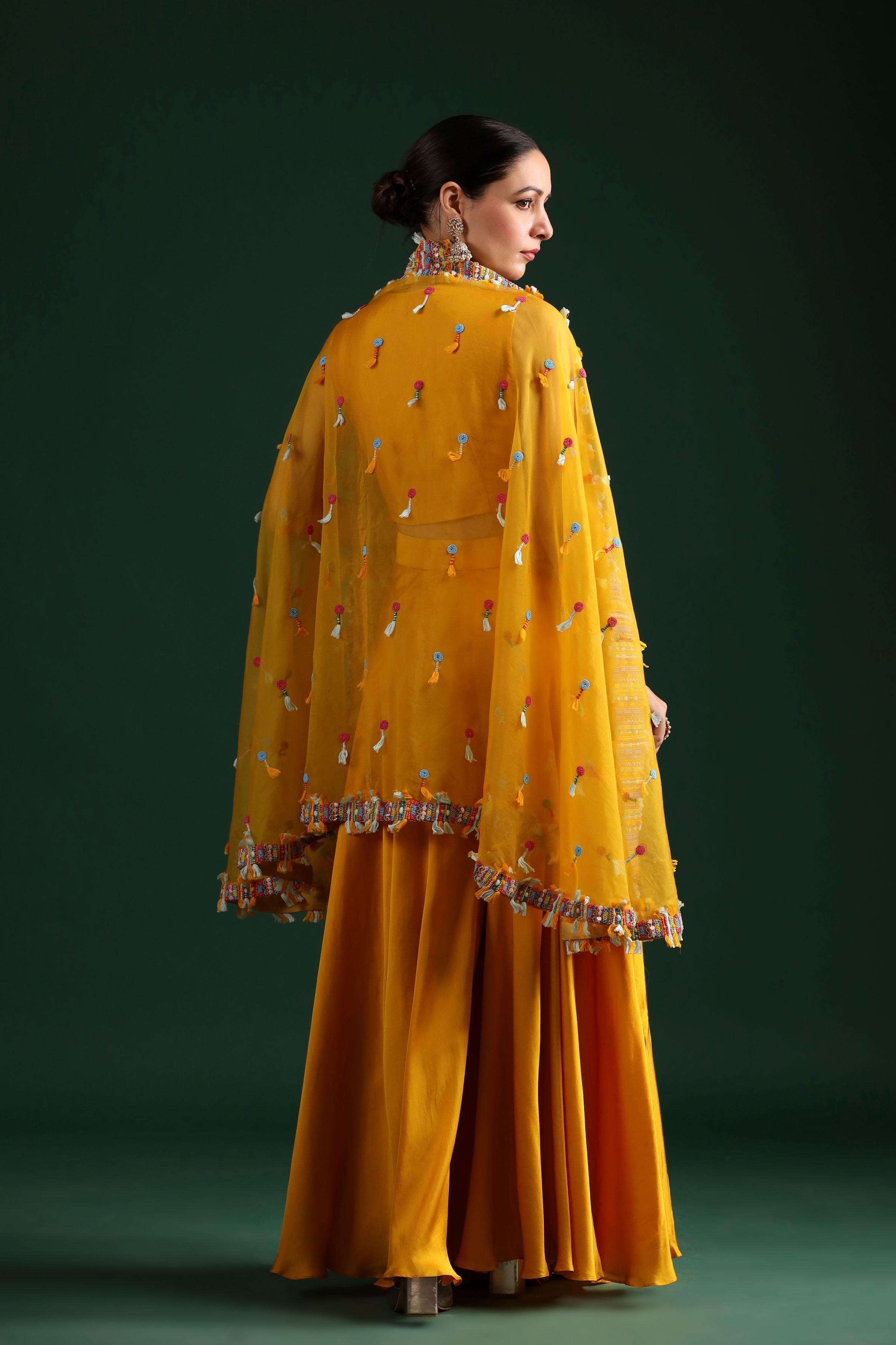 Amber Yellow Embellished Cape Set