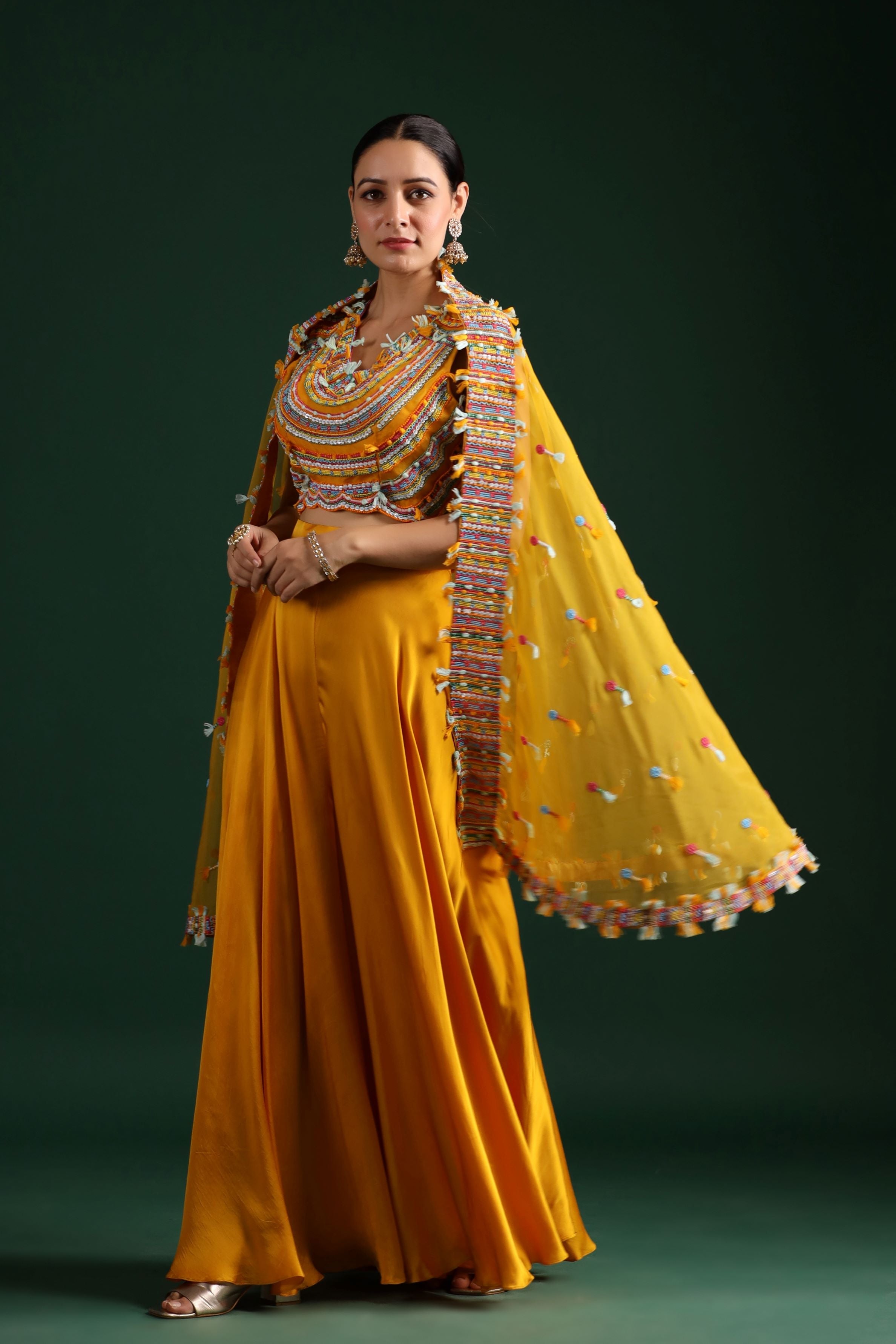 Amber Yellow Embellished Cape Set