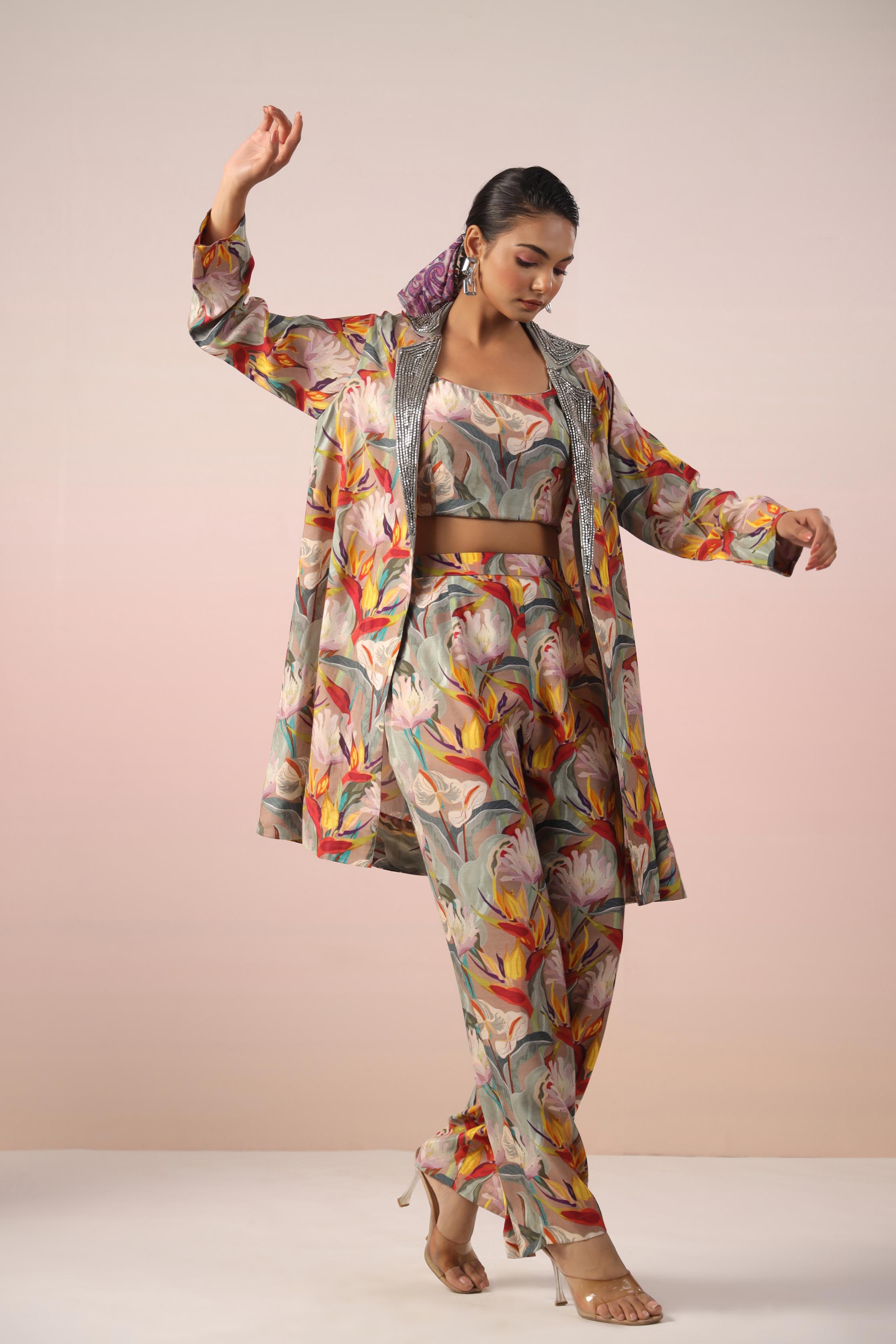 Beige Floral Printed Tafetta Himalayan Silk Jacket Co-Ord Set