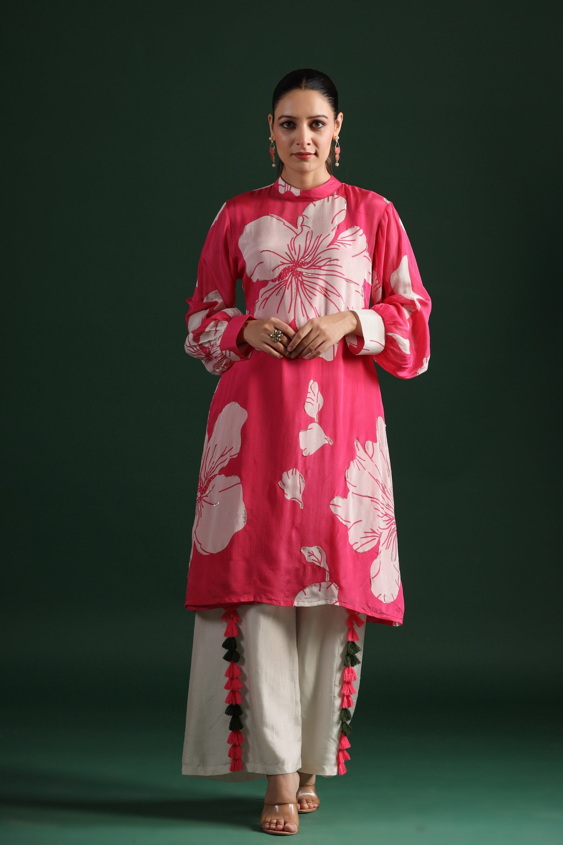 Pink Floral Printed Chinon Silk Palazzo Set