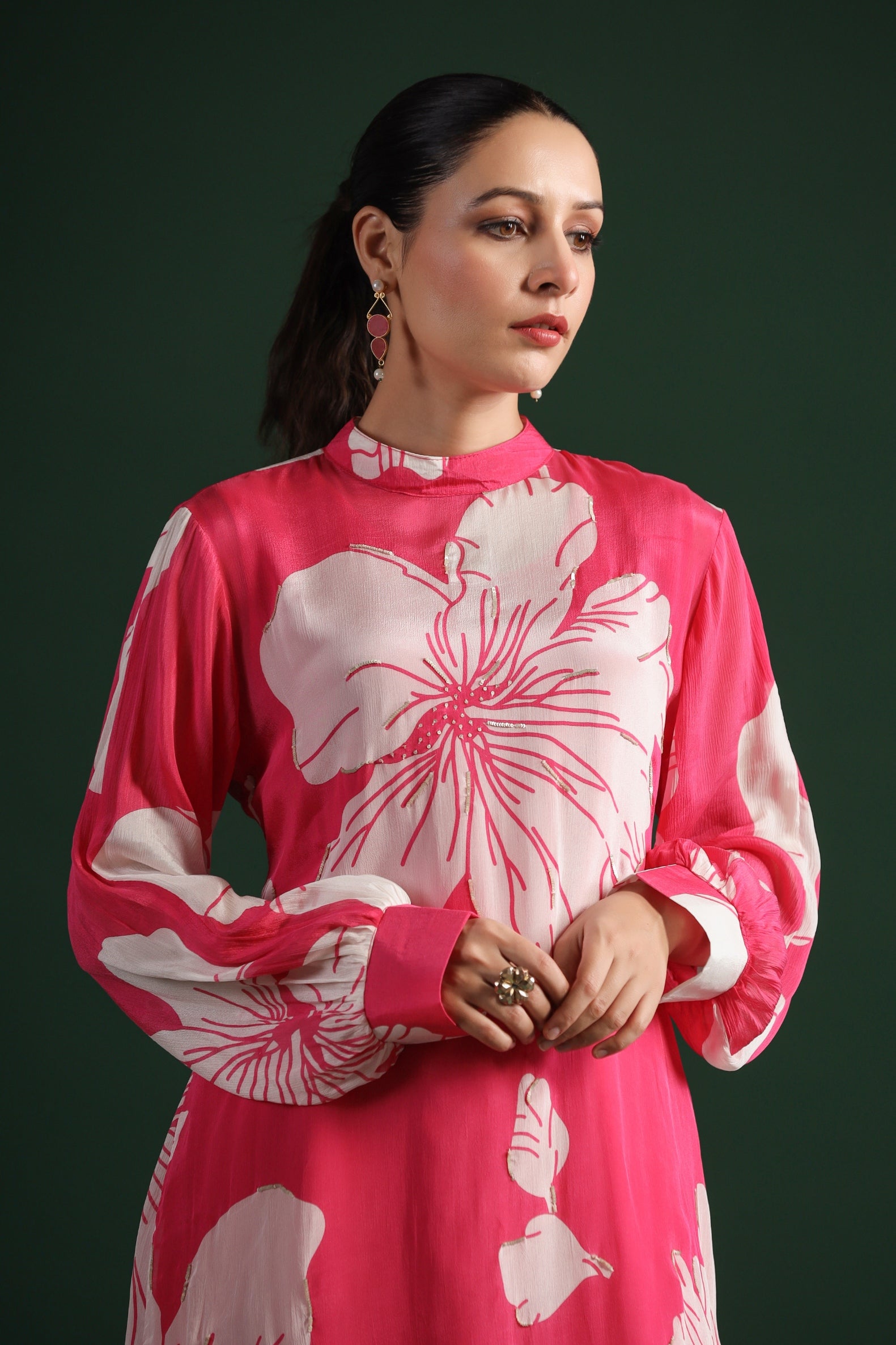 Pink Floral Printed Chinon Silk Palazzo Set